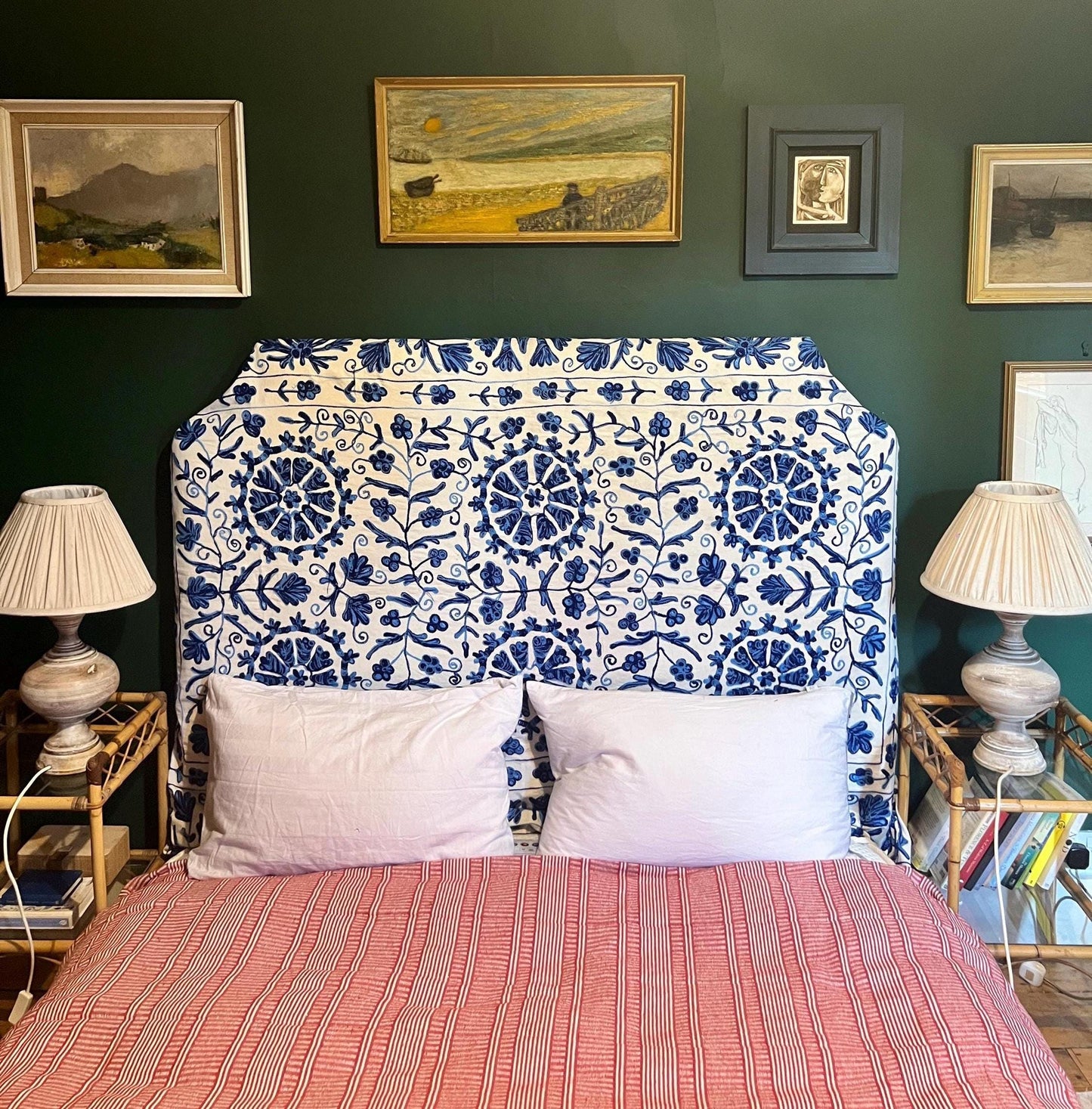 Bespoke hand-embroidered cotton Suzani upholstered headboard in a range of sizes, shapes and colours