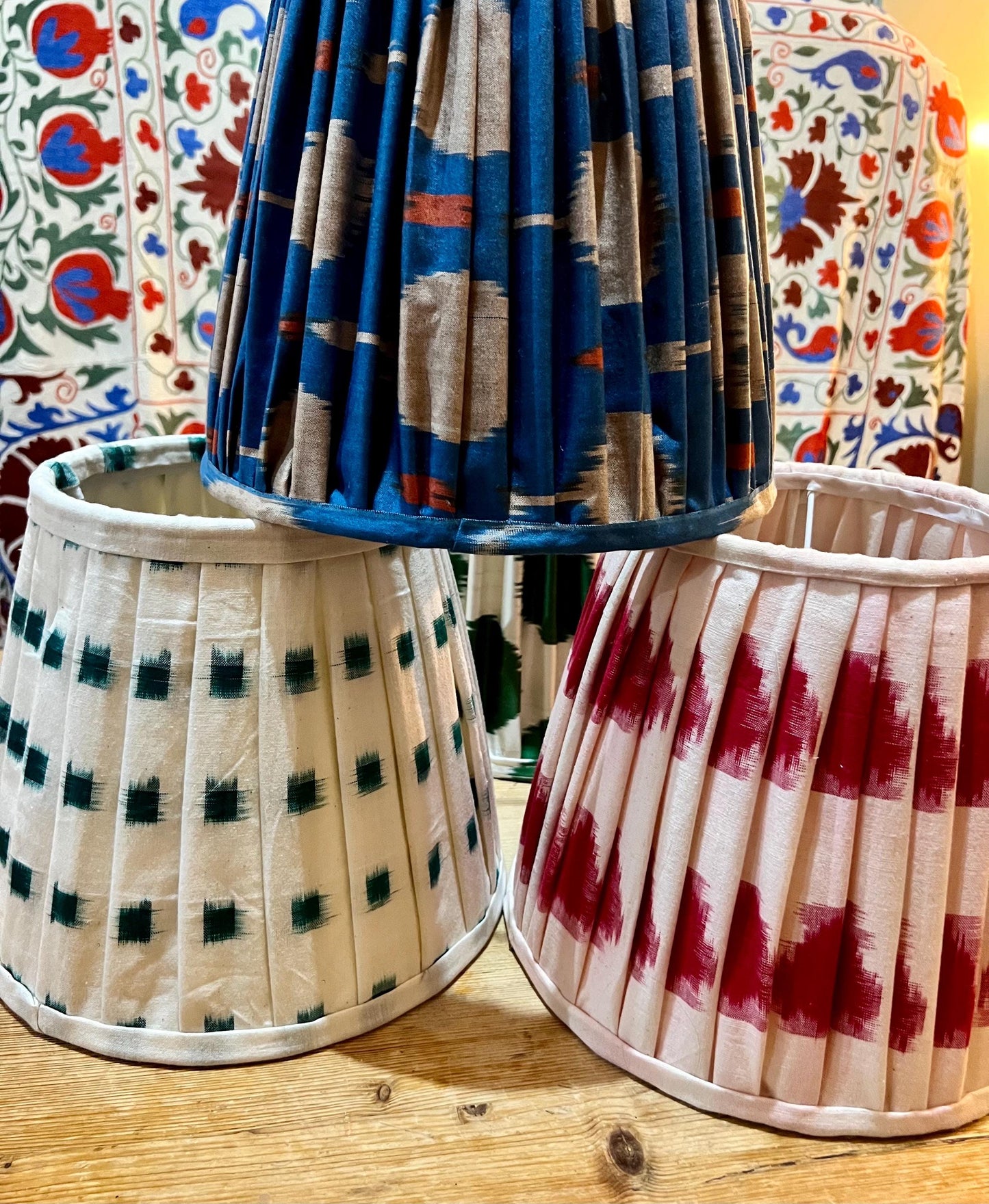 Traditional handmade, block printed Ikat lamp shades, pleated or ruched in various sizes