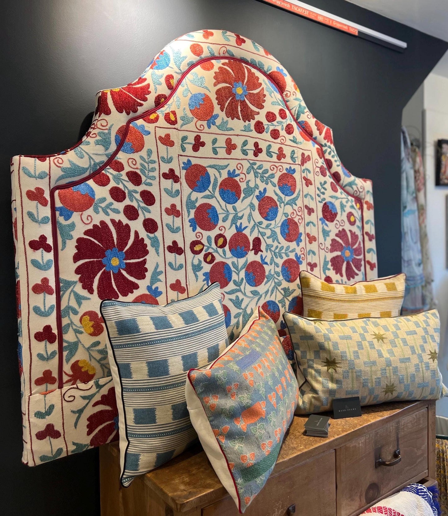 Bespoke luxury silk-embroidered Suzani upholstered headboard made to order