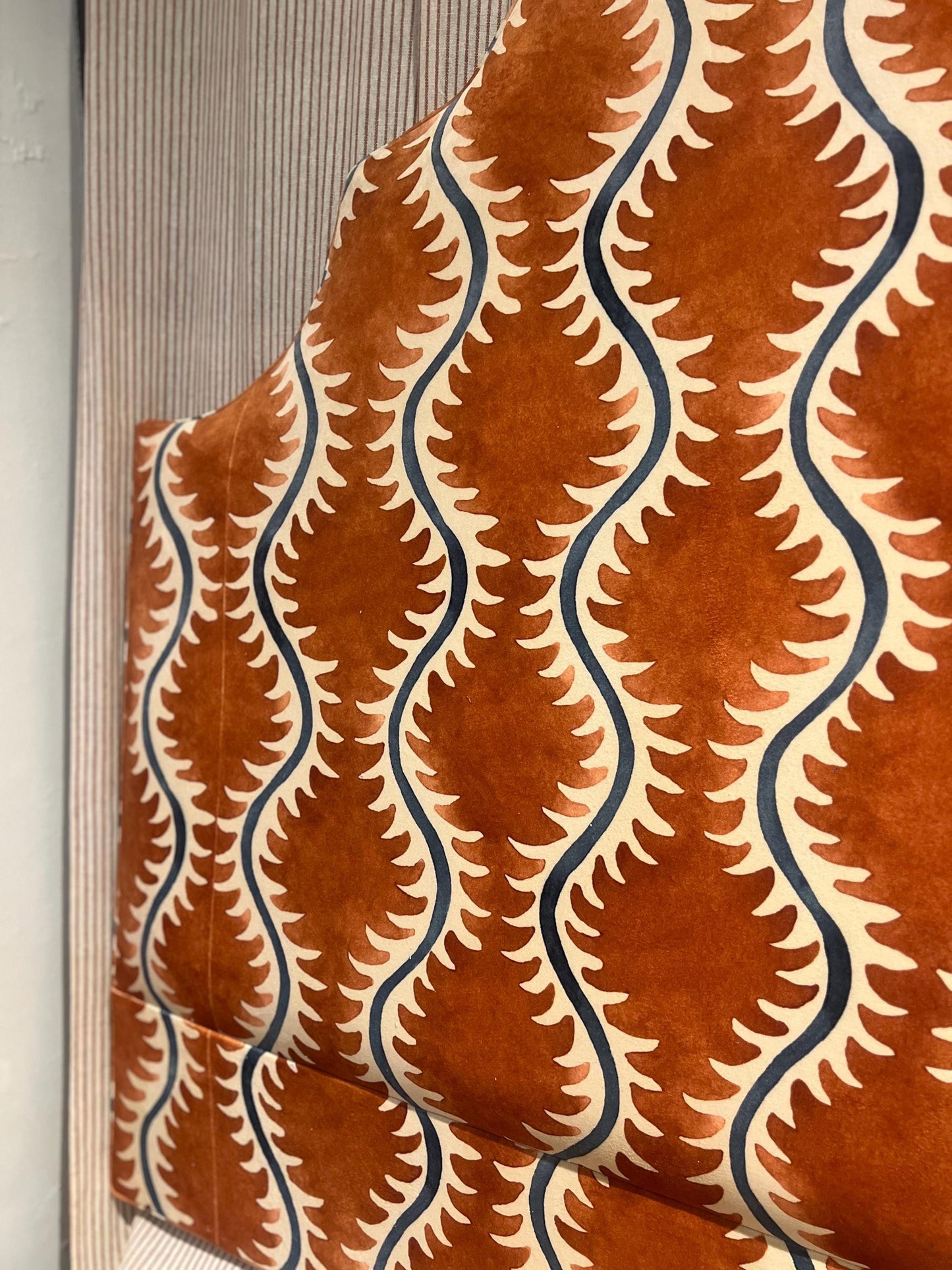 Bespoke Linwood Helter Skelter velvet headboard, with or without piping, in a range of sizes, shapes and colours