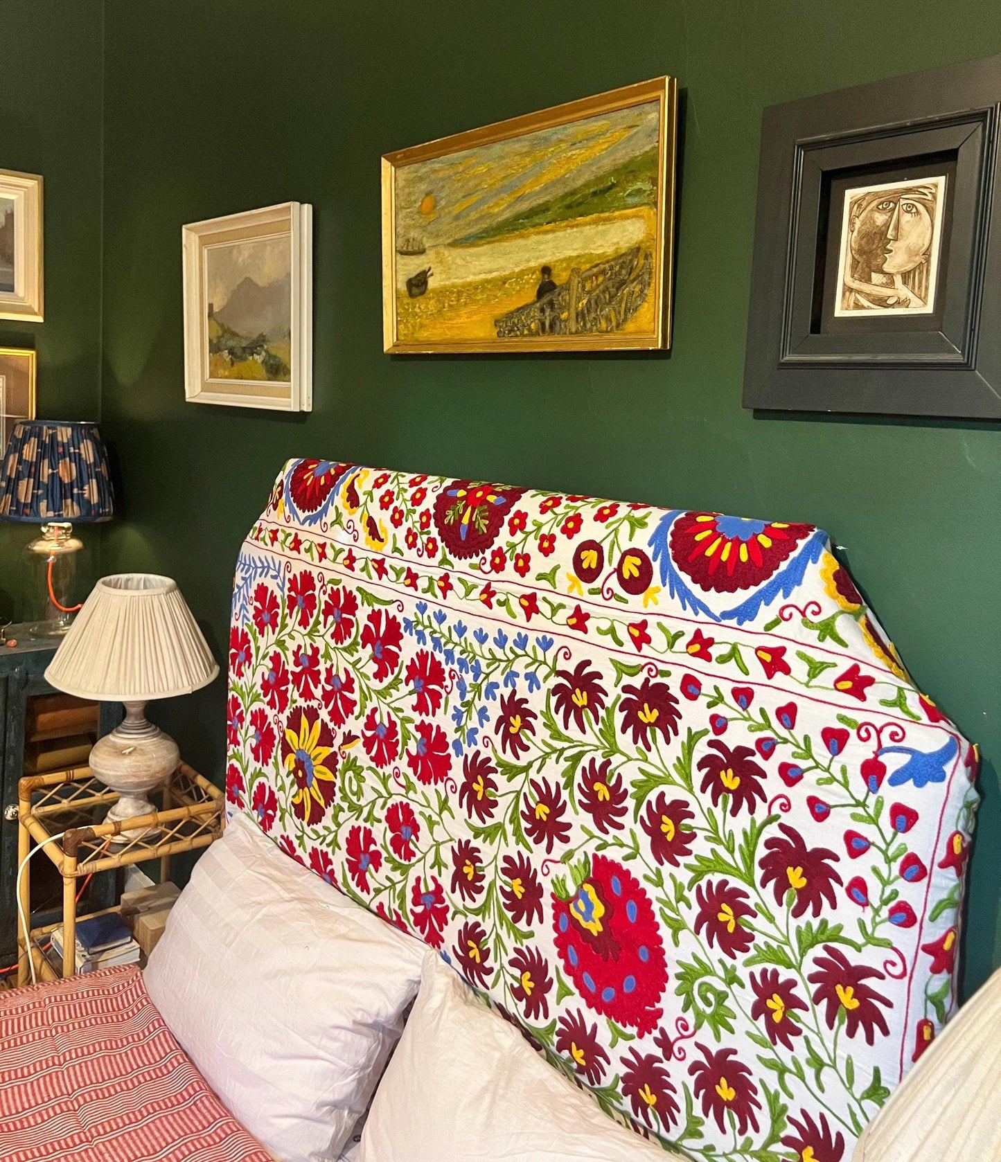 Bespoke hand-embroidered cotton Suzani upholstered headboard in a range of sizes, shapes and colours