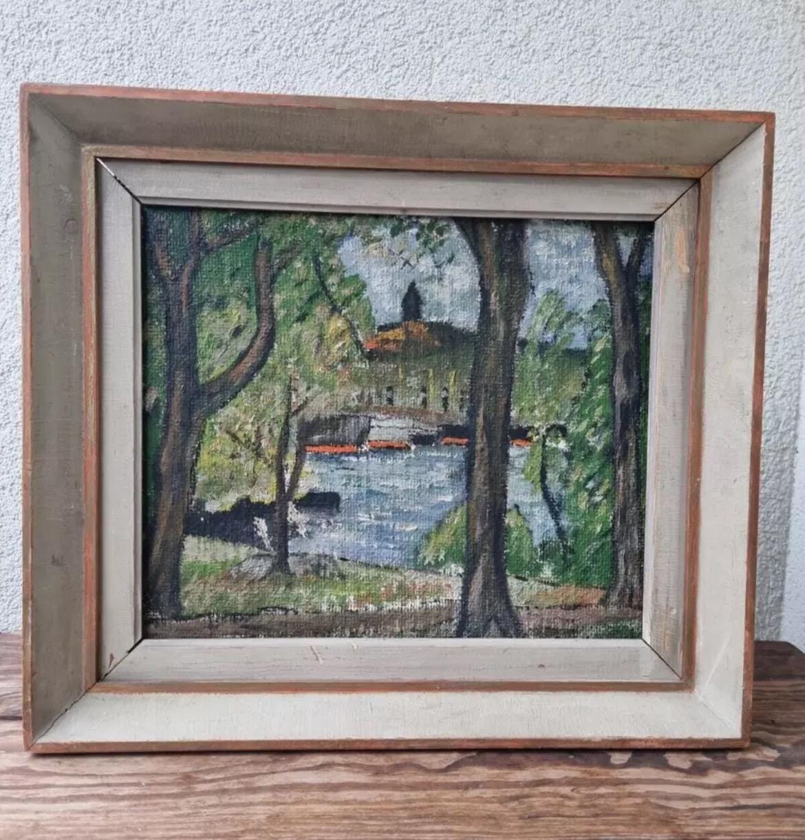 Stunning antique oil painting Park Landscape with a Pond by Swedish artist, 1940