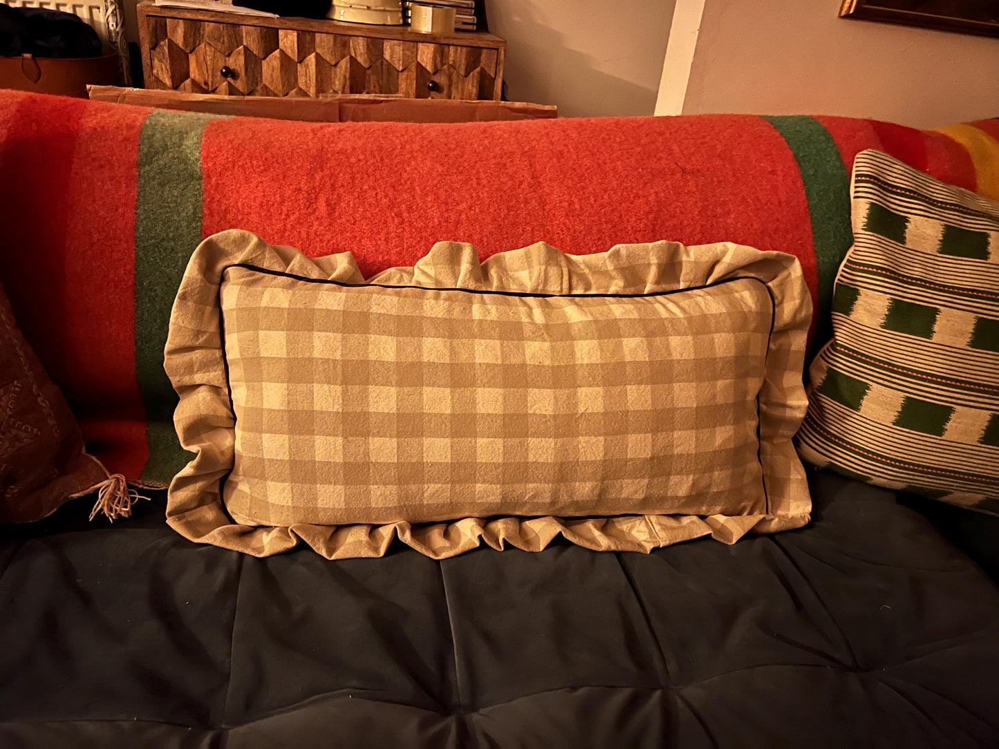 Handmade frilly gingham cushion with piping detail and invisible zip in various sizes and colours