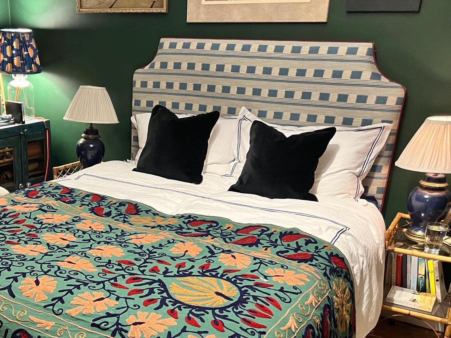 Bespoke Christopher Farr Cloth Lost and Found upholstered floor-standing headboard with piping in a range of shapes and colours