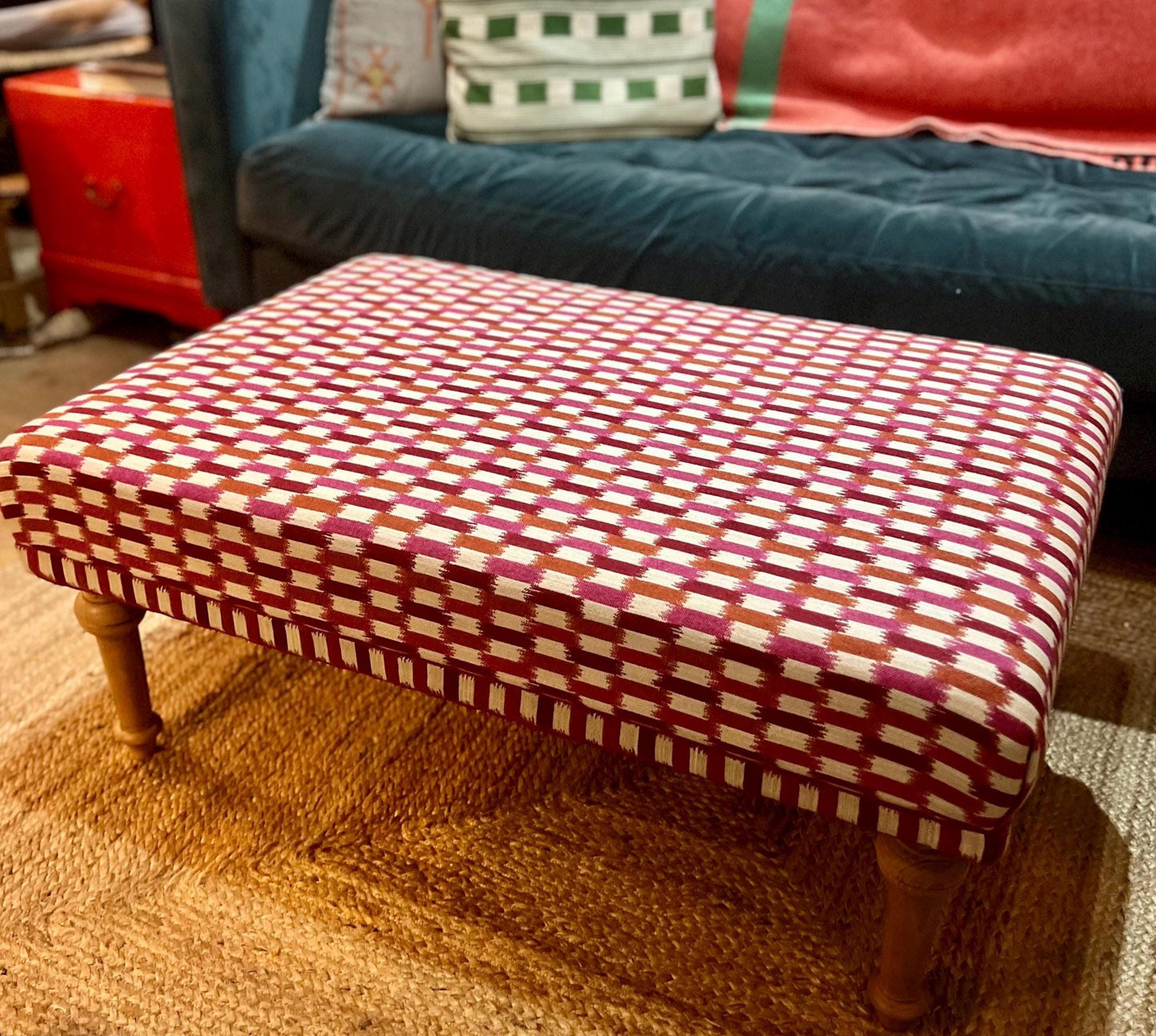 Bespoke Footstool / Ottoman in customers own fabric, custom sizes available and a choice of turned wooden legs