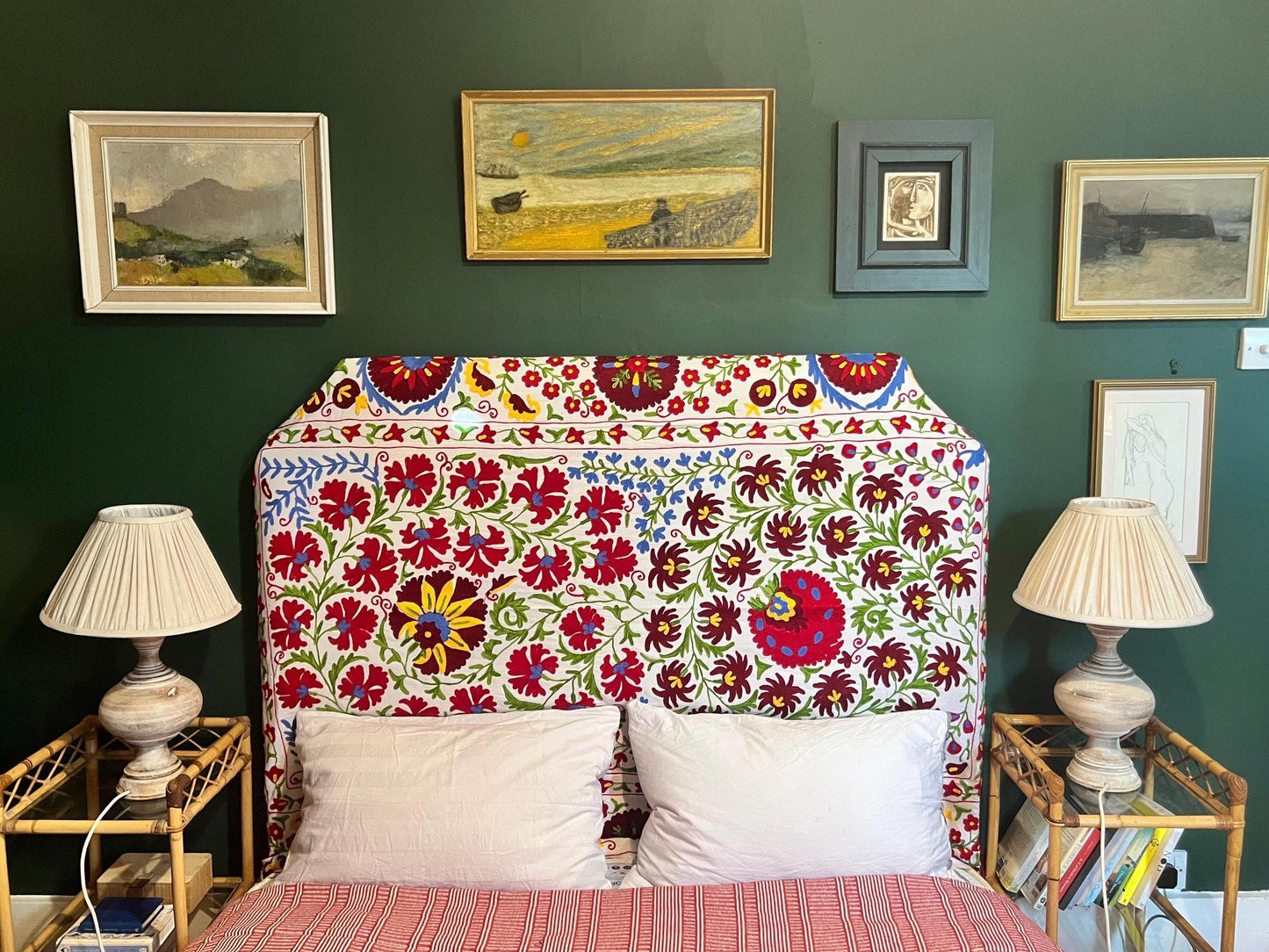 Bespoke hand-embroidered cotton Suzani upholstered headboard in a range of sizes, shapes and colours