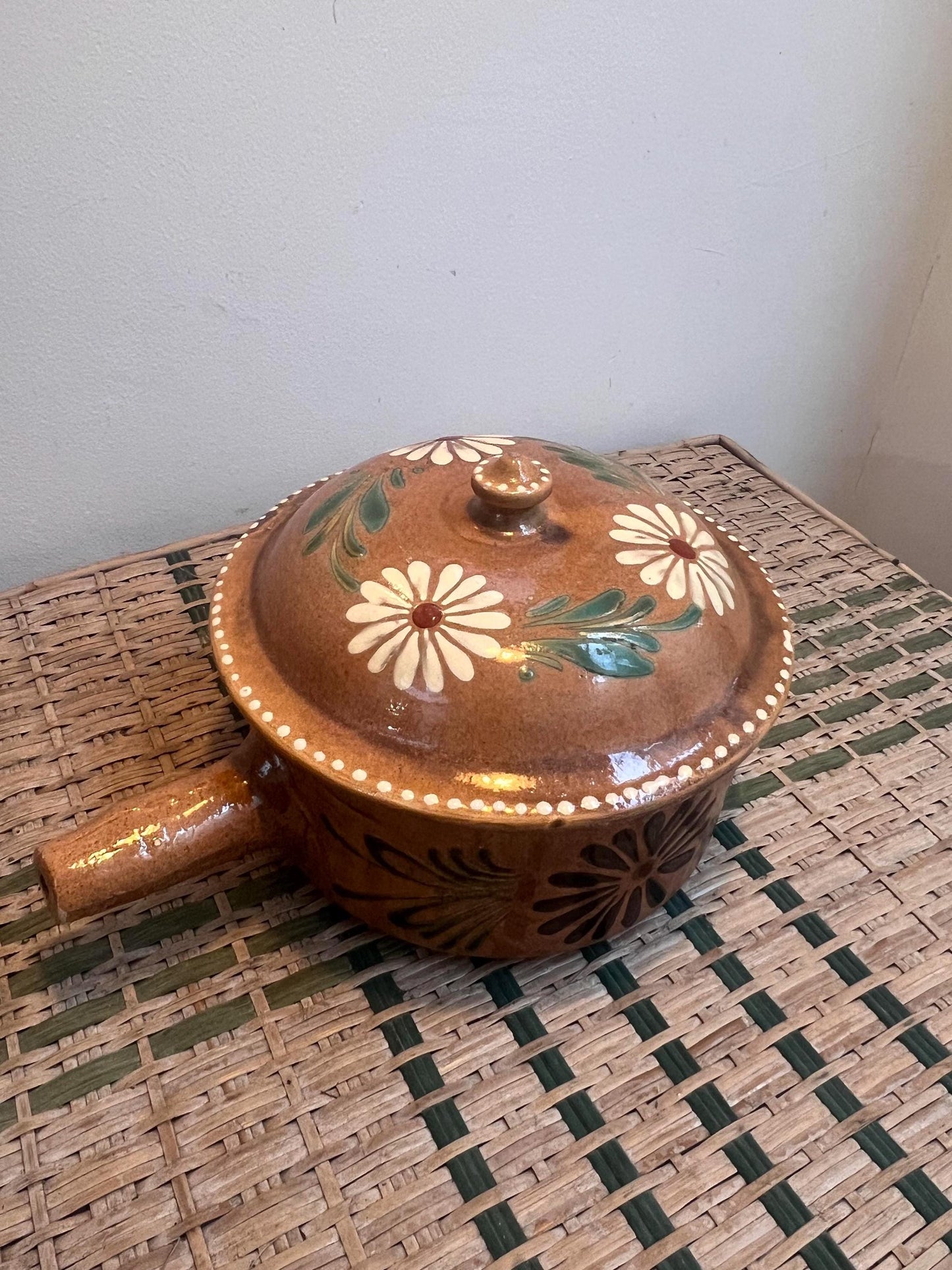 Charming vintage hand painted glazed casserole pot originating from South of France