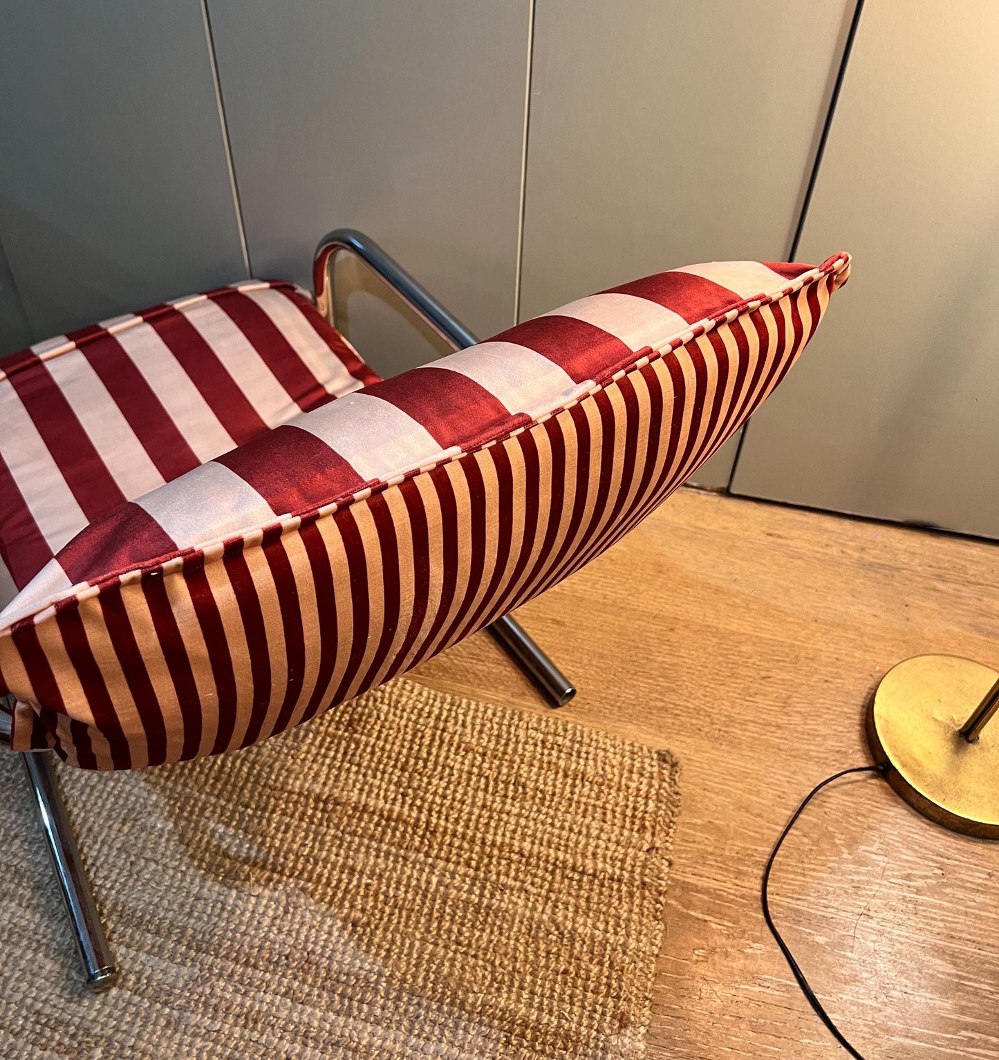 Vintage c1970s chrome armchair newly reupholstered in Colours Of Arly Striped velvet in maroon and Alderley Edge