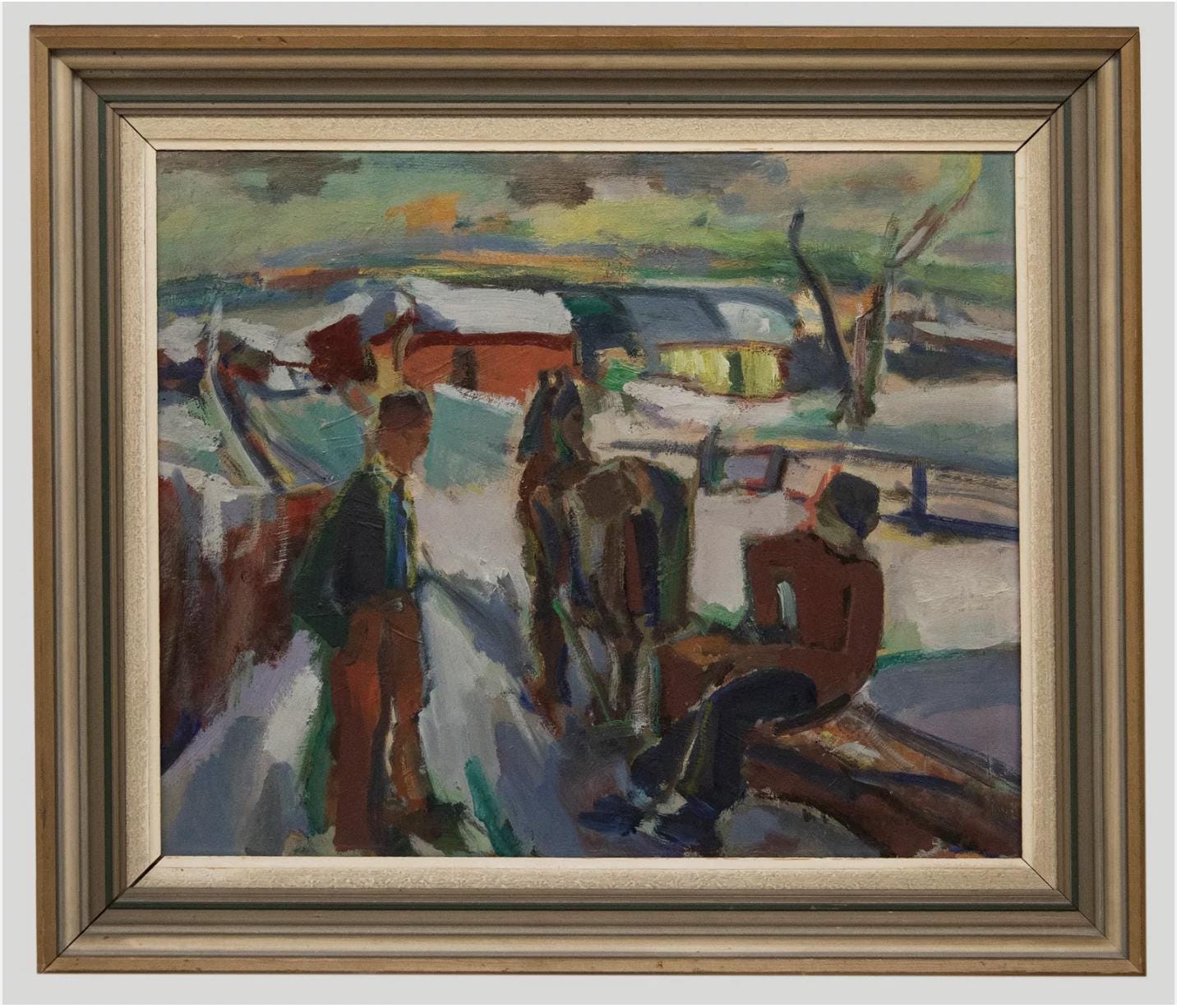Framed Mid 20th Century Oil on canvas, "Loggers in a Winter Landscape" Karl-Erik Jonsson