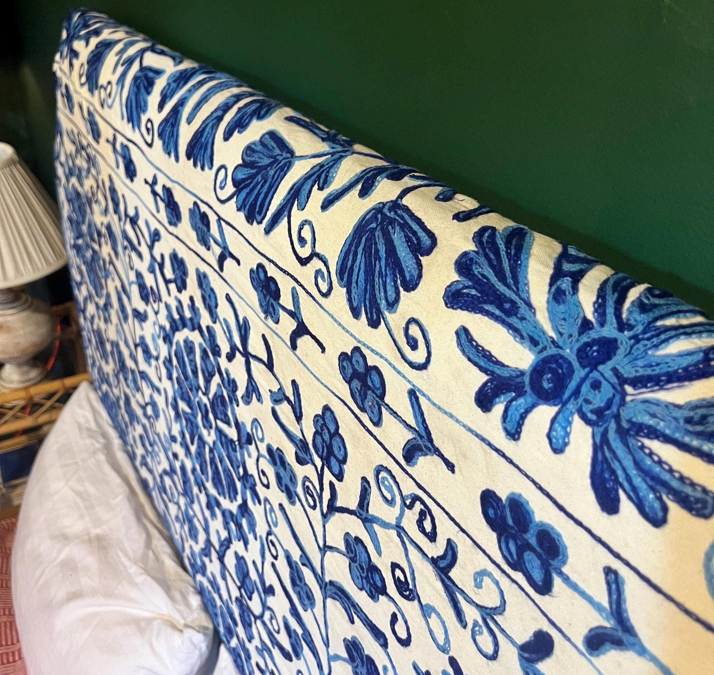 Bespoke hand-embroidered cotton Suzani upholstered headboard in a range of sizes, shapes and colours