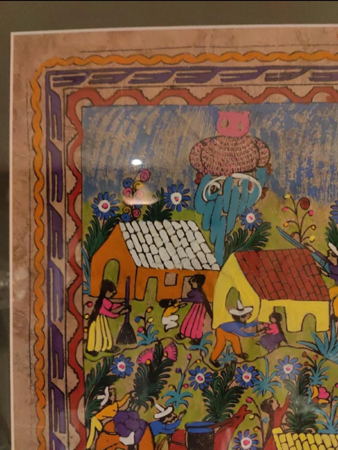 Large Vintage Mexican Amate Bark Painting Framed & Glazed.