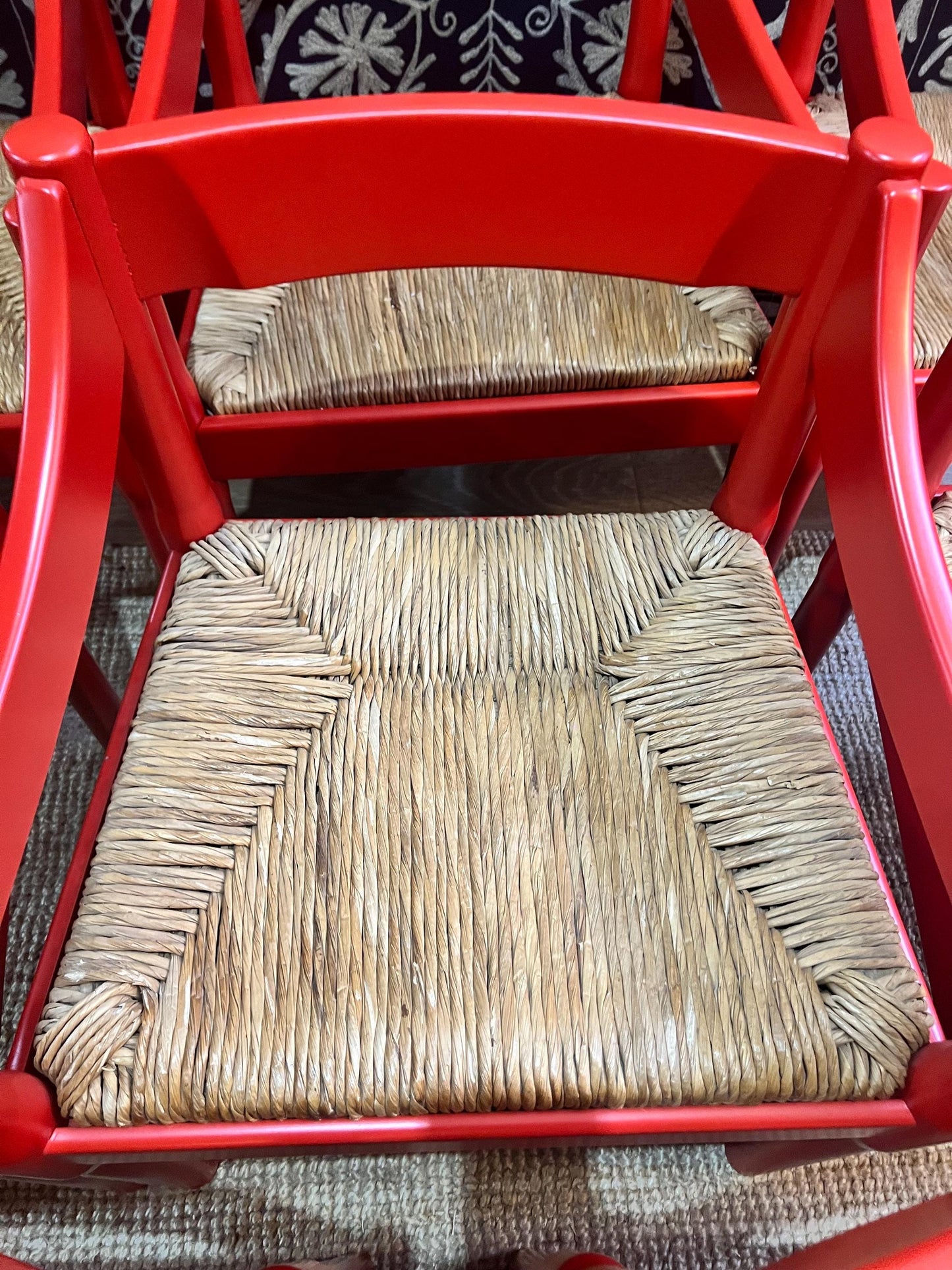 8 Vico Magistretti c1960s Carimate chairs professionally refurbished in classic RAL 3000 RED with rush seats - price is per chair