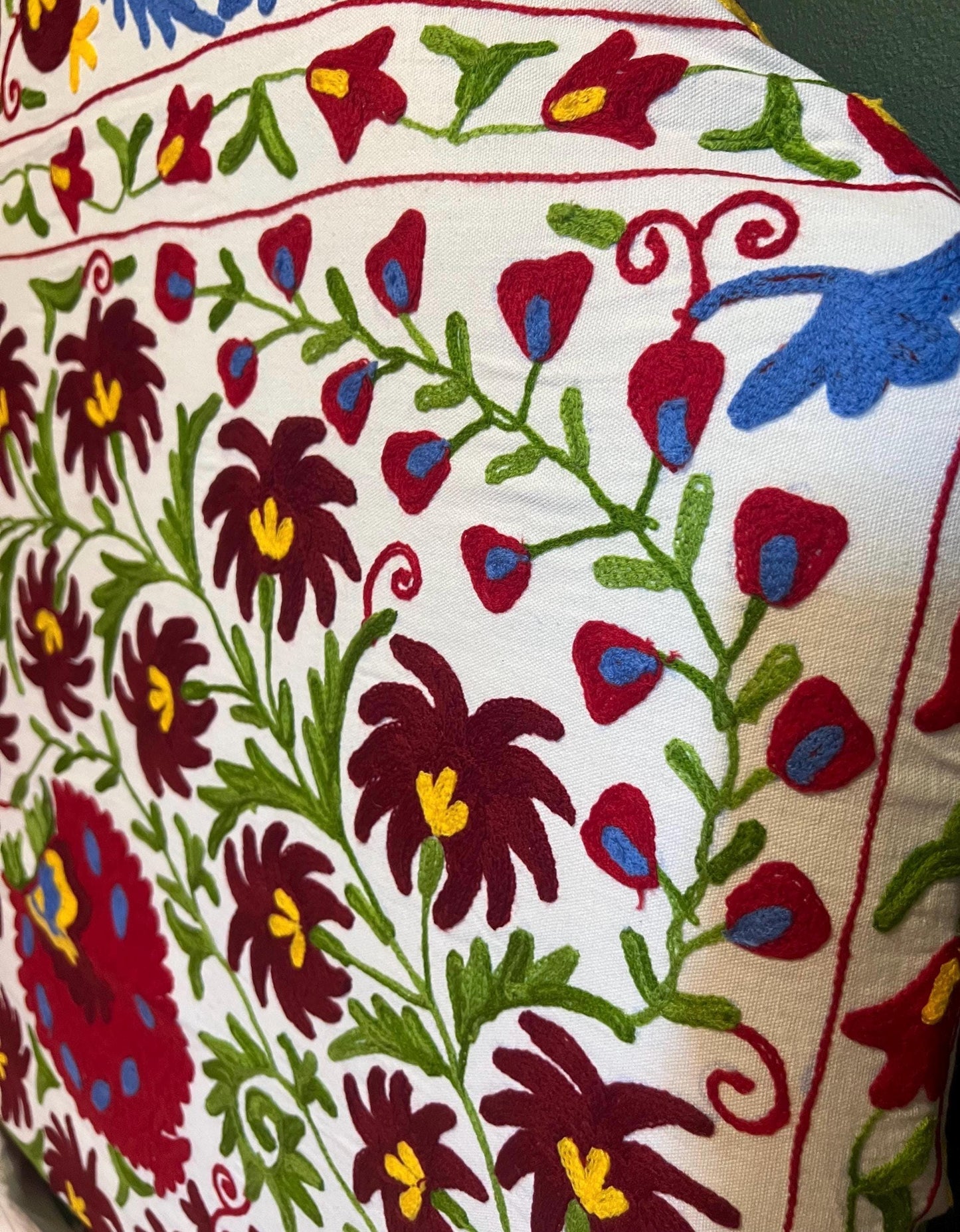 Bespoke hand-embroidered cotton Suzani upholstered headboard in a range of sizes, shapes and colours