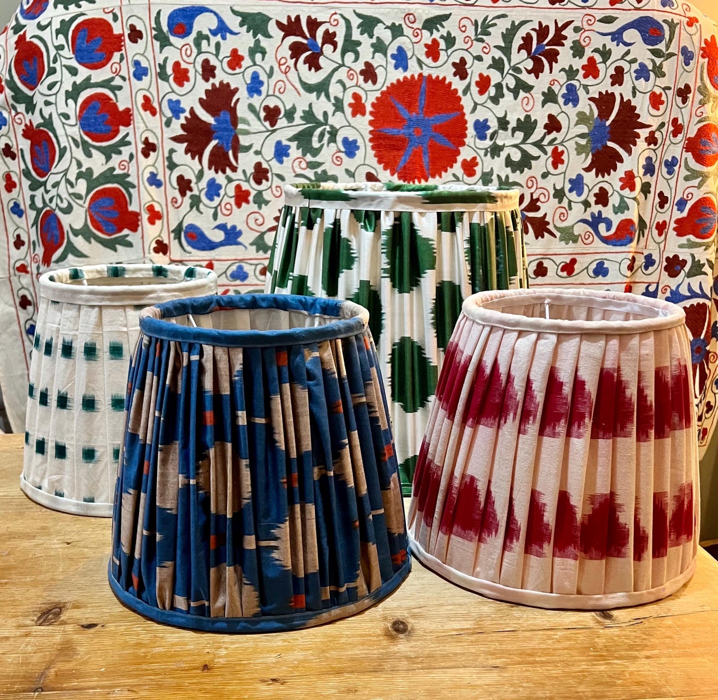 Traditional handmade, block printed Ikat lamp shades, pleated or ruched in various sizes