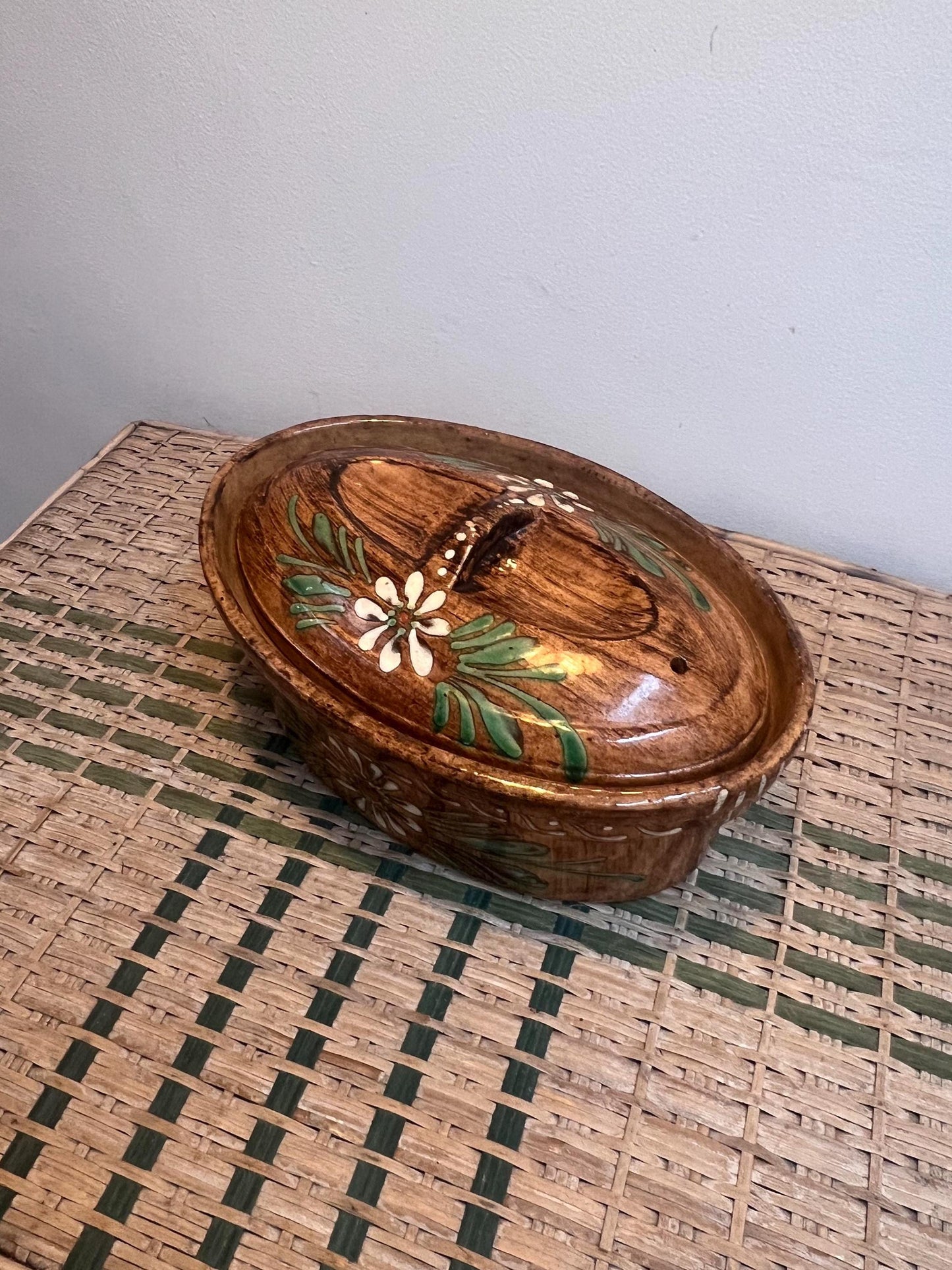 Vintage hand painted glazed casserole pot from South of France