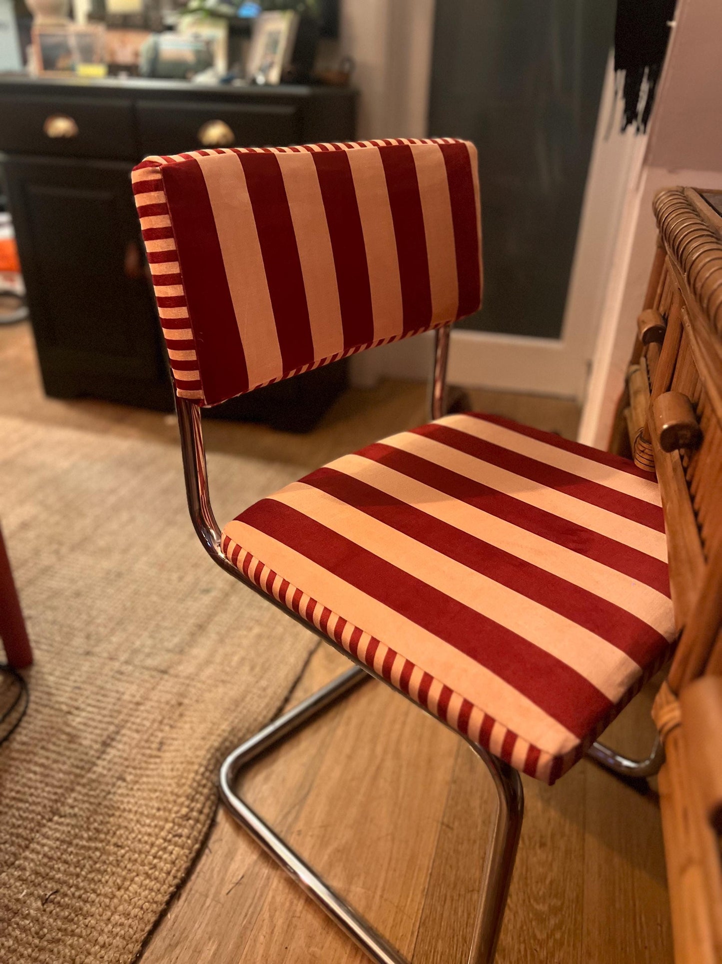 Vintage chrome Cantilever dining chairs c1960s reupholstered in Hackney designer “Colours Of Arley” striped velvet
