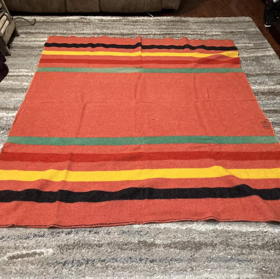 Vintage Mariposa Striped Wool blanket in pink/rust red colour