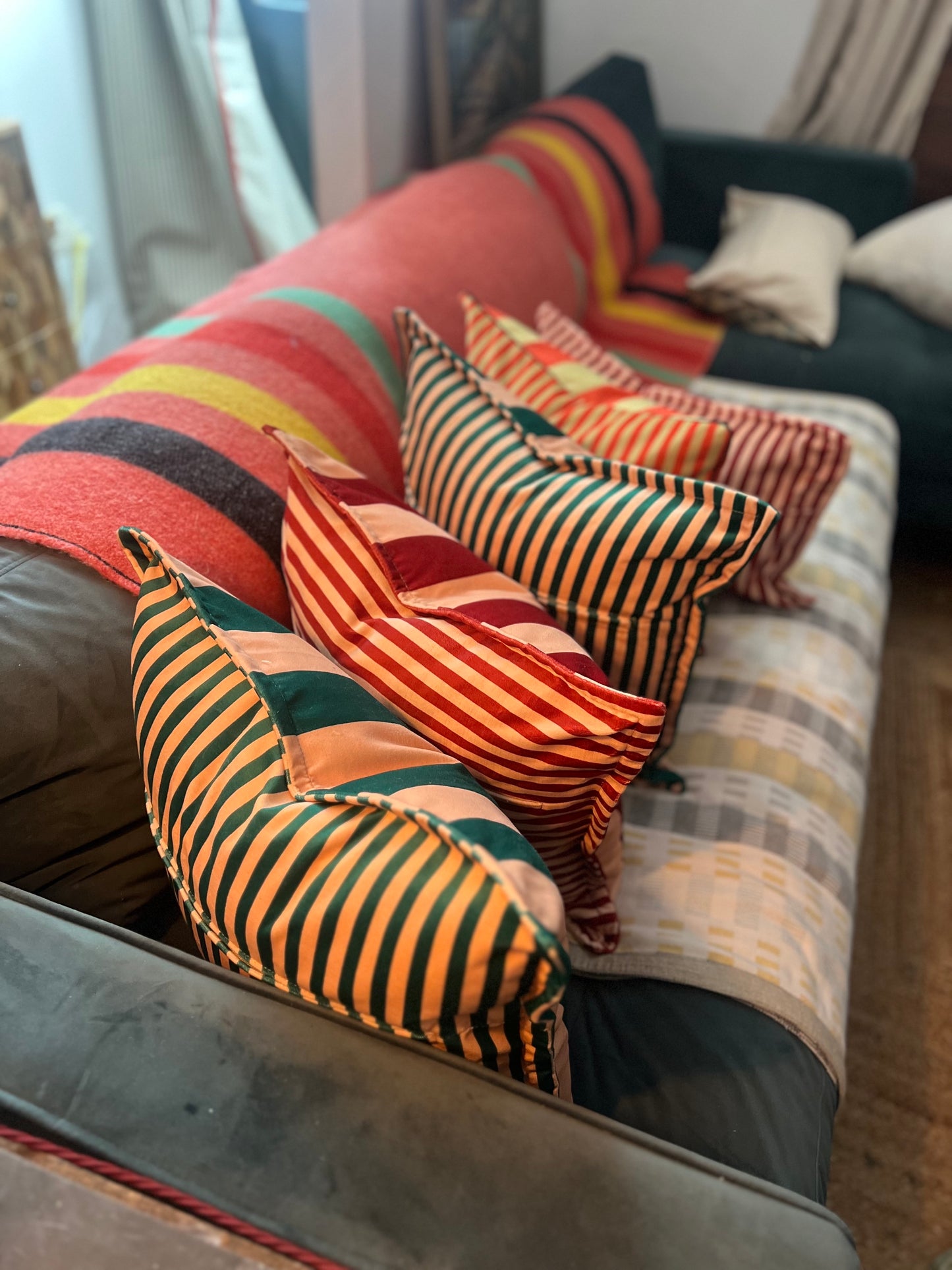 Colours Of Arley premium striped velvet designer cushions with French seam in a choice of colours.