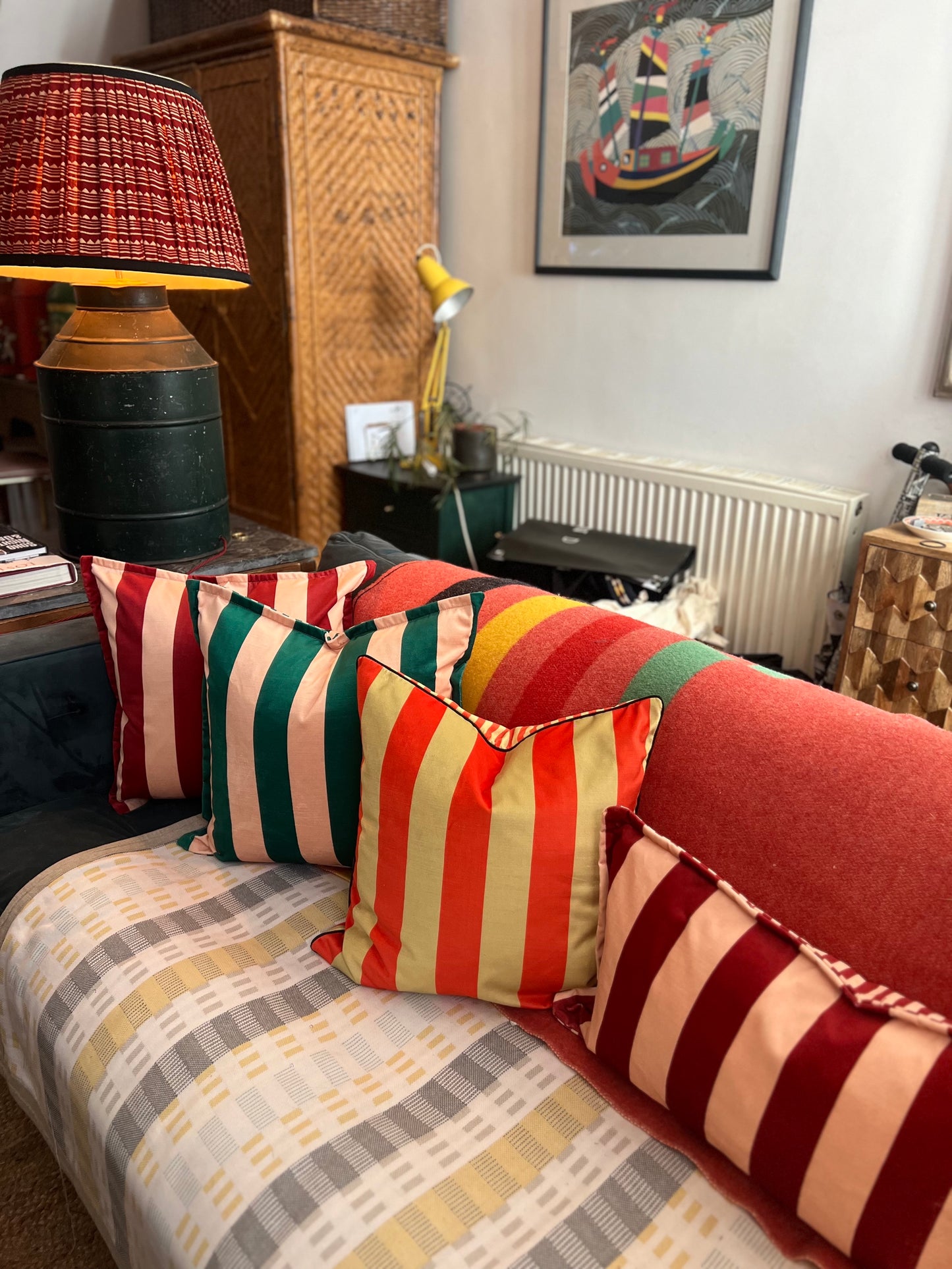 Colours Of Arley premium striped velvet designer cushions with French seam in a choice of colours.