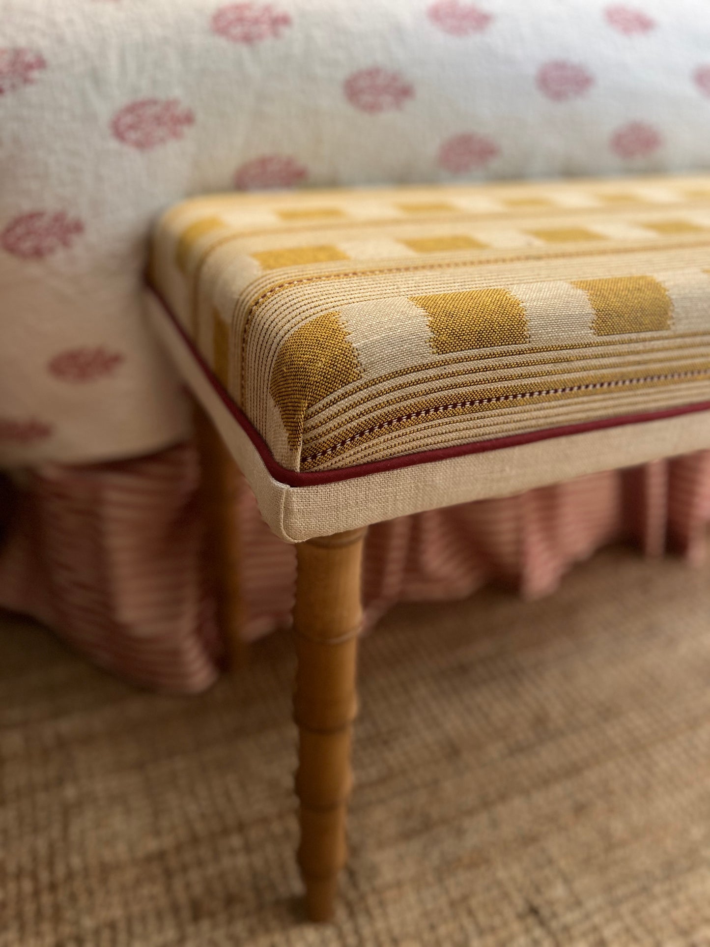 Bespoke Christopher Farr Cloth upholstered bench in “Lost and Found” fabric by Kit Kemp