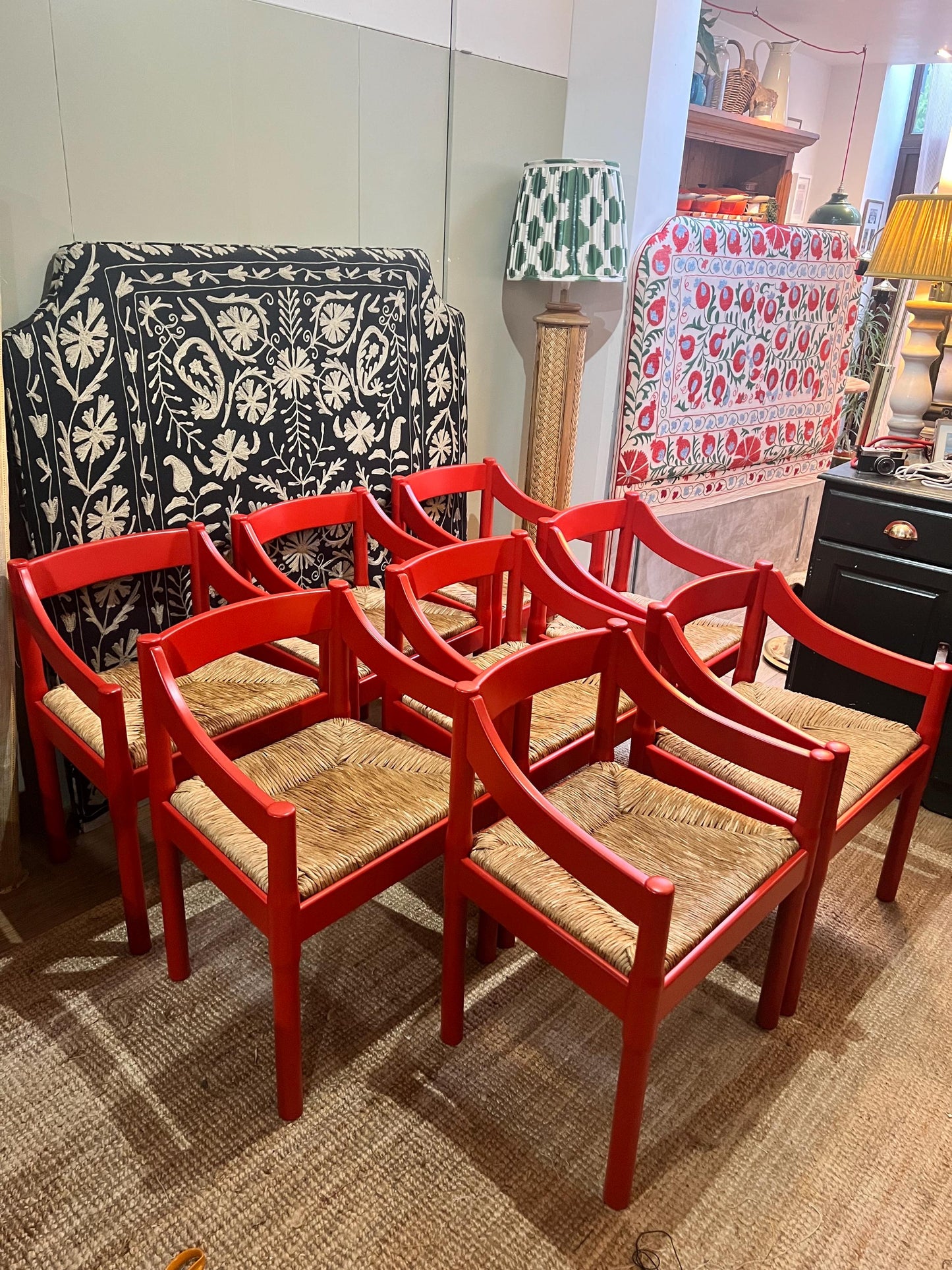 8 Vico Magistretti c1960s Carimate chairs professionally refurbished in classic RAL 3000 RED with rush seats - price is per chair
