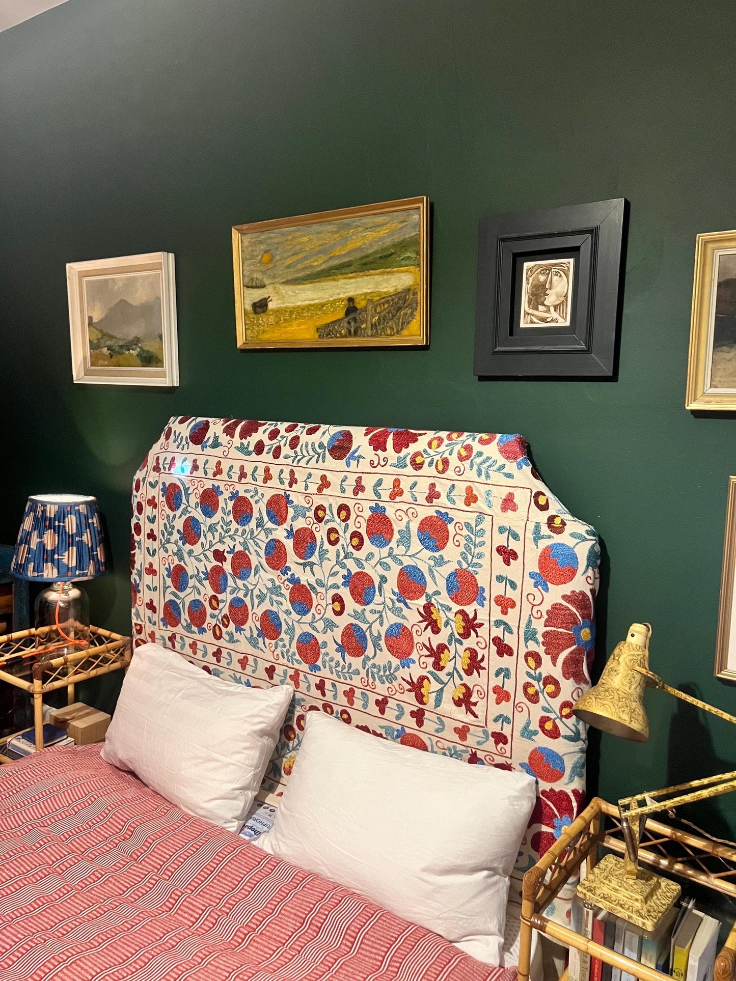 Bespoke luxury silk-embroidered Suzani upholstered headboard made to order