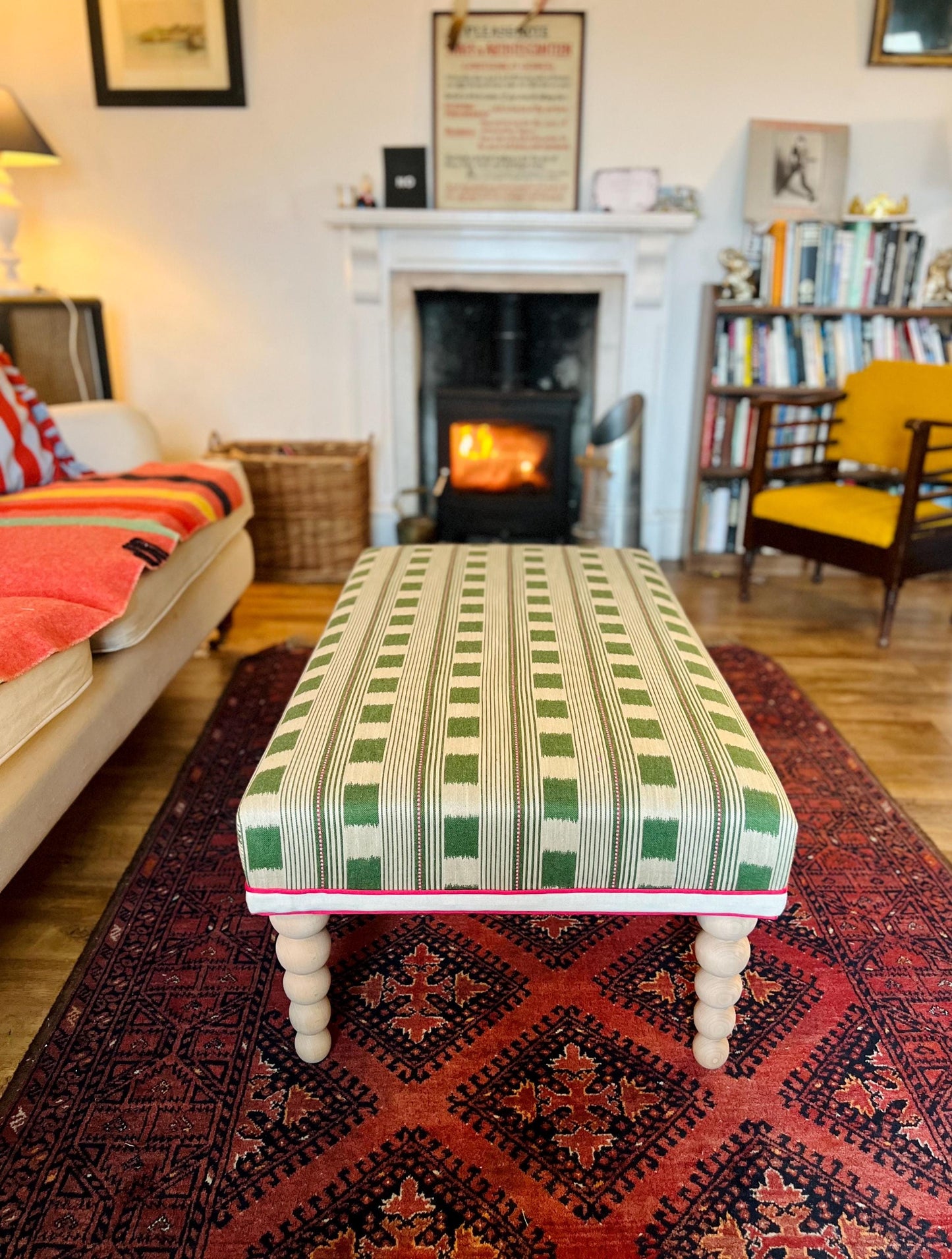 Bespoke Christopher Farr Cloth piped ottoman footstool in "Lost and Found" fabric by Kit Kemp