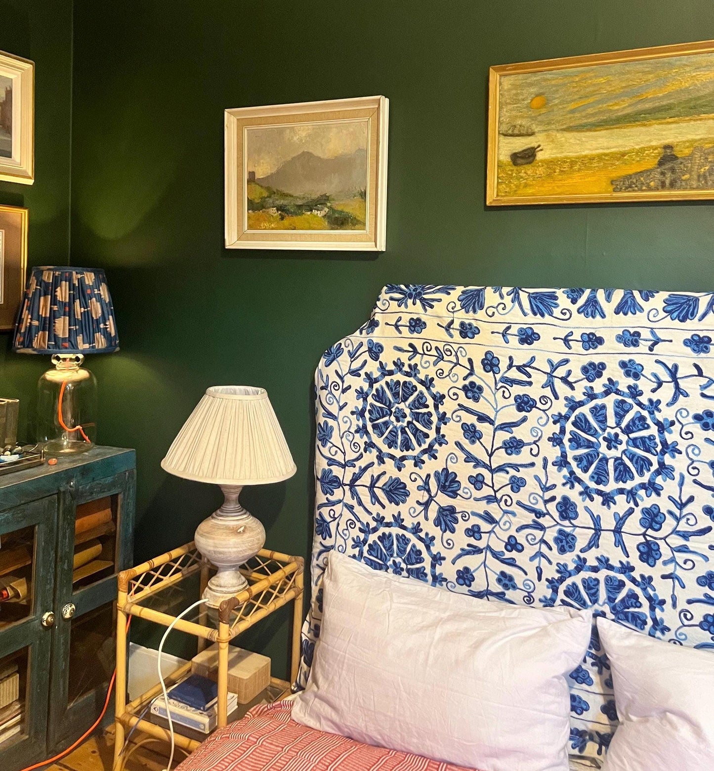Bespoke hand-embroidered cotton Suzani upholstered headboard in a range of sizes, shapes and colours