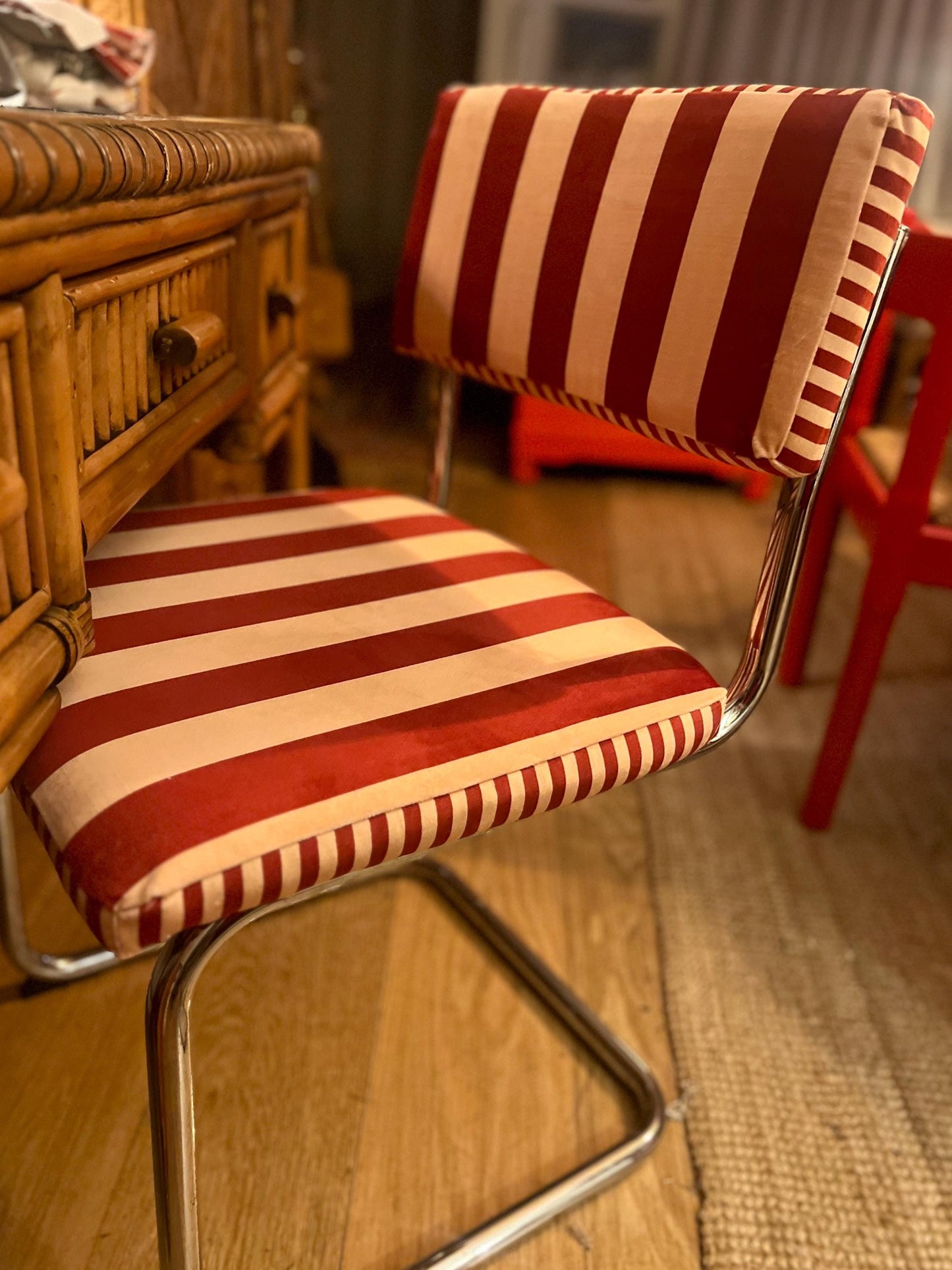 Vintage chrome Cantilever dining chairs c1960s reupholstered in Hackney designer “Colours Of Arley” striped velvet
