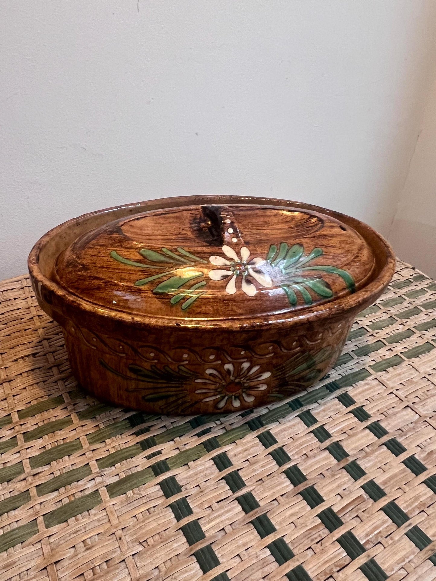 Vintage hand painted glazed casserole pot from South of France