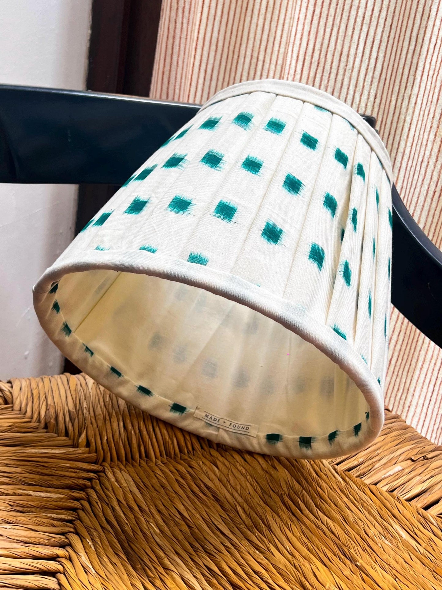 Traditional handmade, block printed Ikat lamp shades, pleated or ruched in various sizes