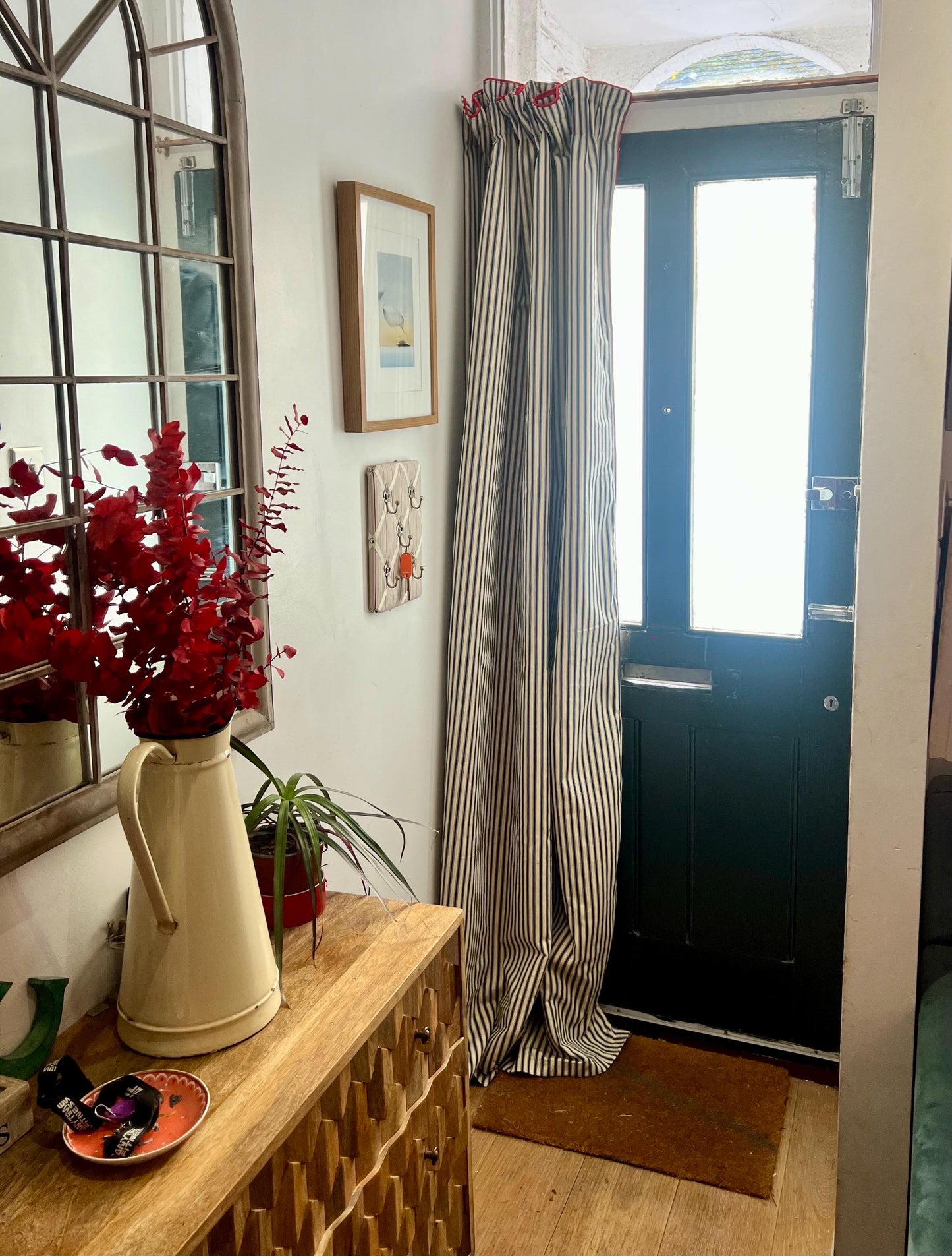 Ticking stripe thermal door curtain fully interlined in a range of colours and sizes