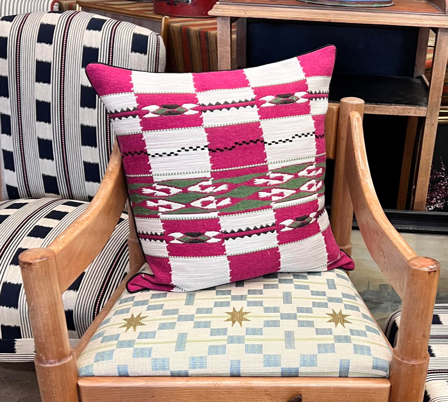 Handmade piped cushions in Christopher Farr Cloth Chubby Check by Kit Kemp