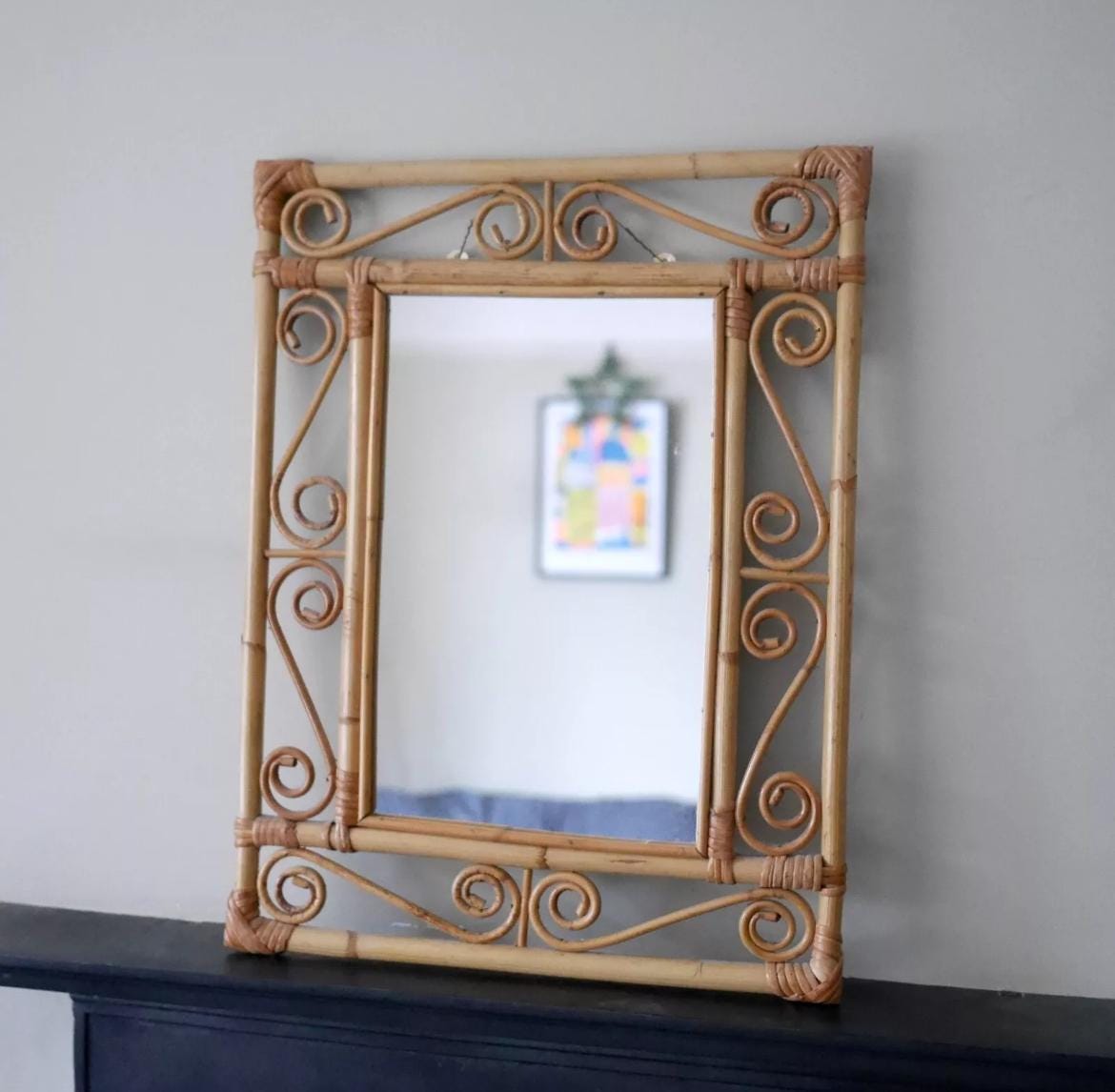 1970s decorative bamboo wall mirror, bohemian