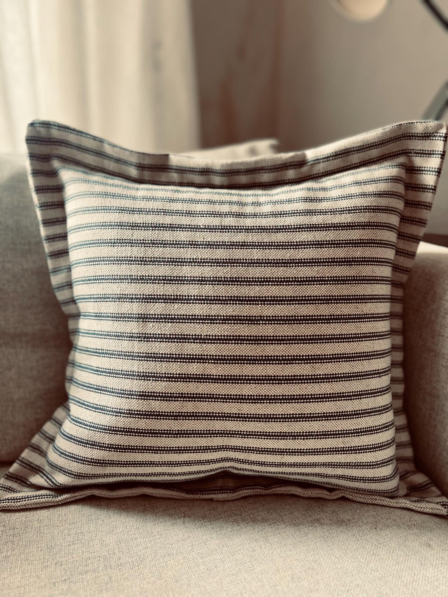 Handmade woven ticking cushions with french seam in various sizes and shades