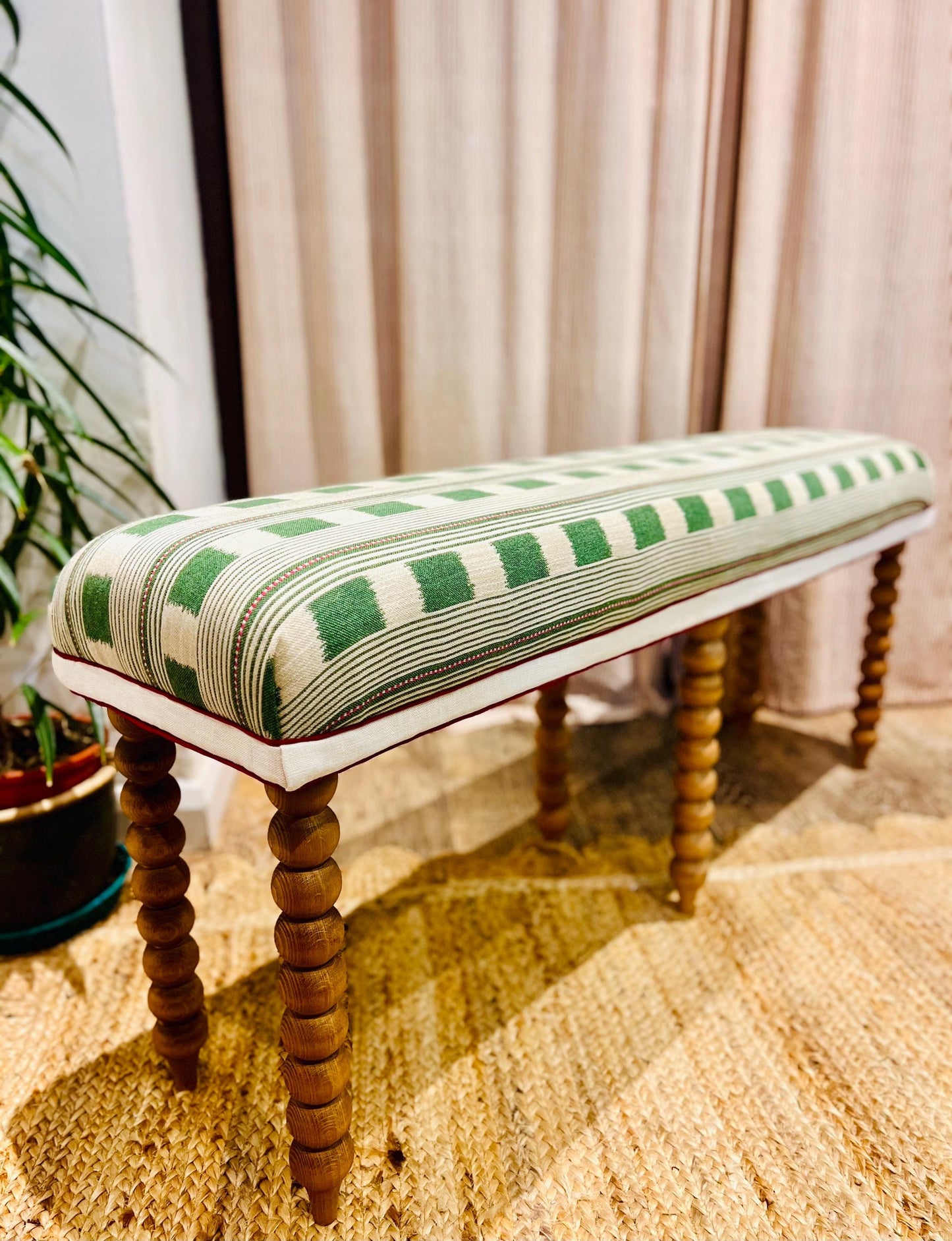 Bespoke Christopher Farr Cloth upholstered bench in “Lost and Found” fabric by Kit Kemp