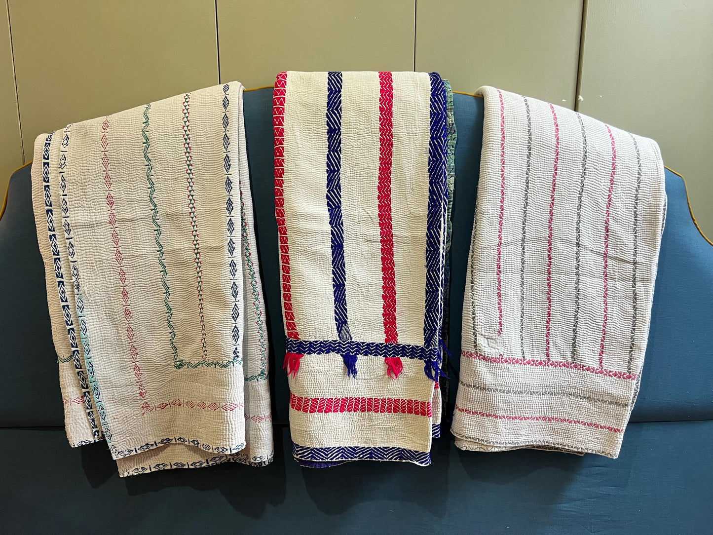Curated selection of Large, vintage reversible Kantha quilts, each one hand stitched and completely unique, 220cm x 150cm