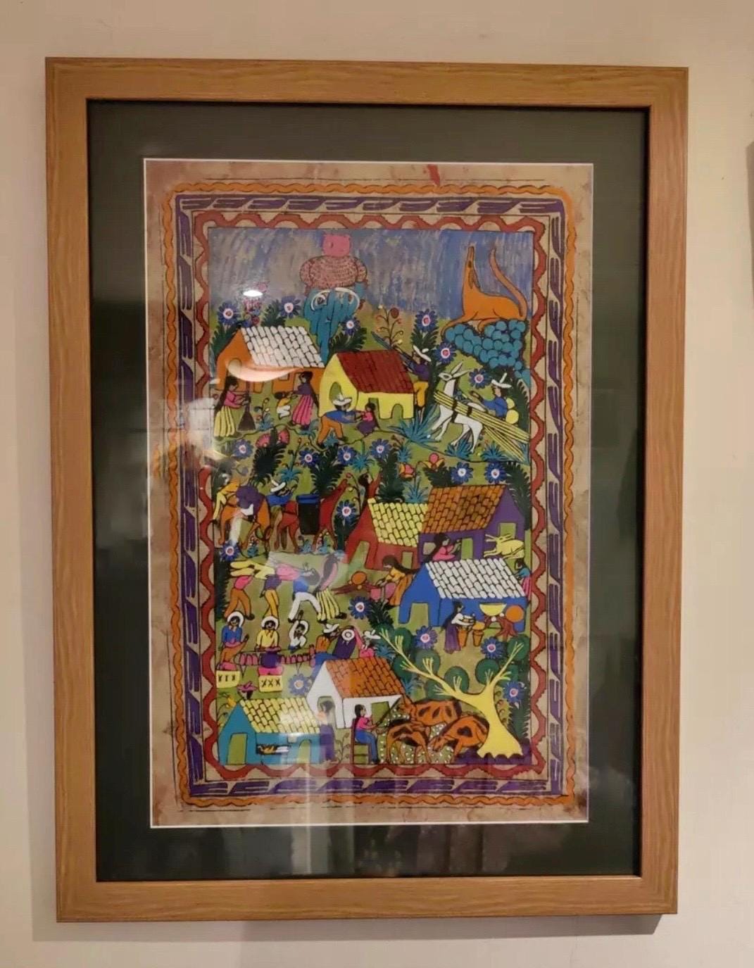 Large Vintage Mexican Amate Bark Painting Framed & Glazed.