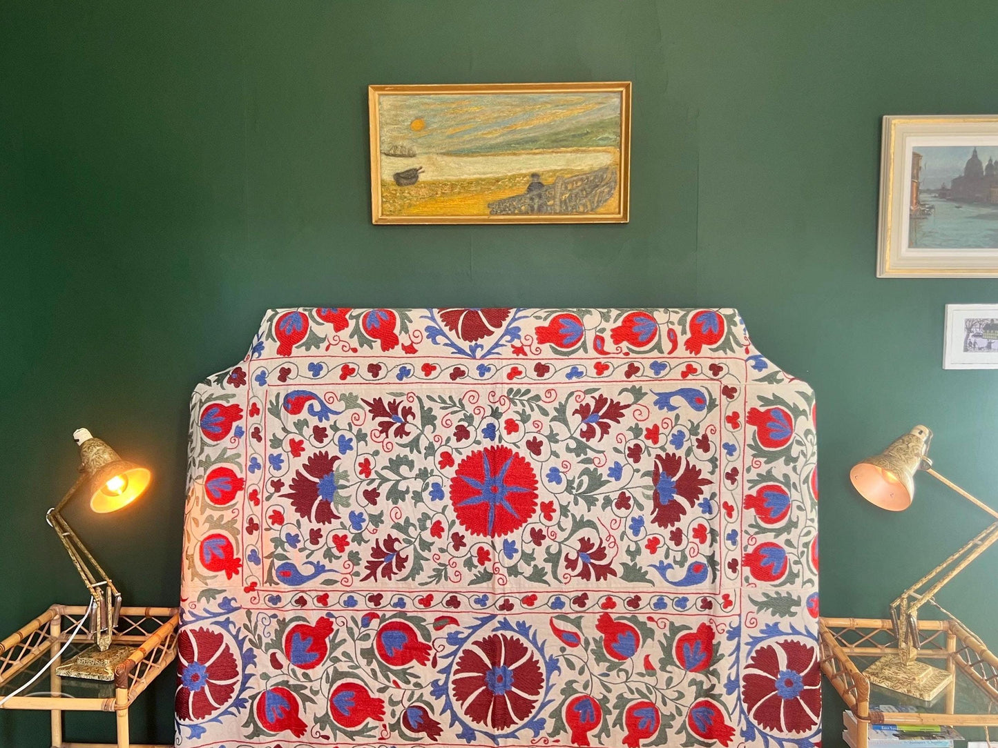 Bespoke luxury silk-embroidered Suzani upholstered headboard made to order