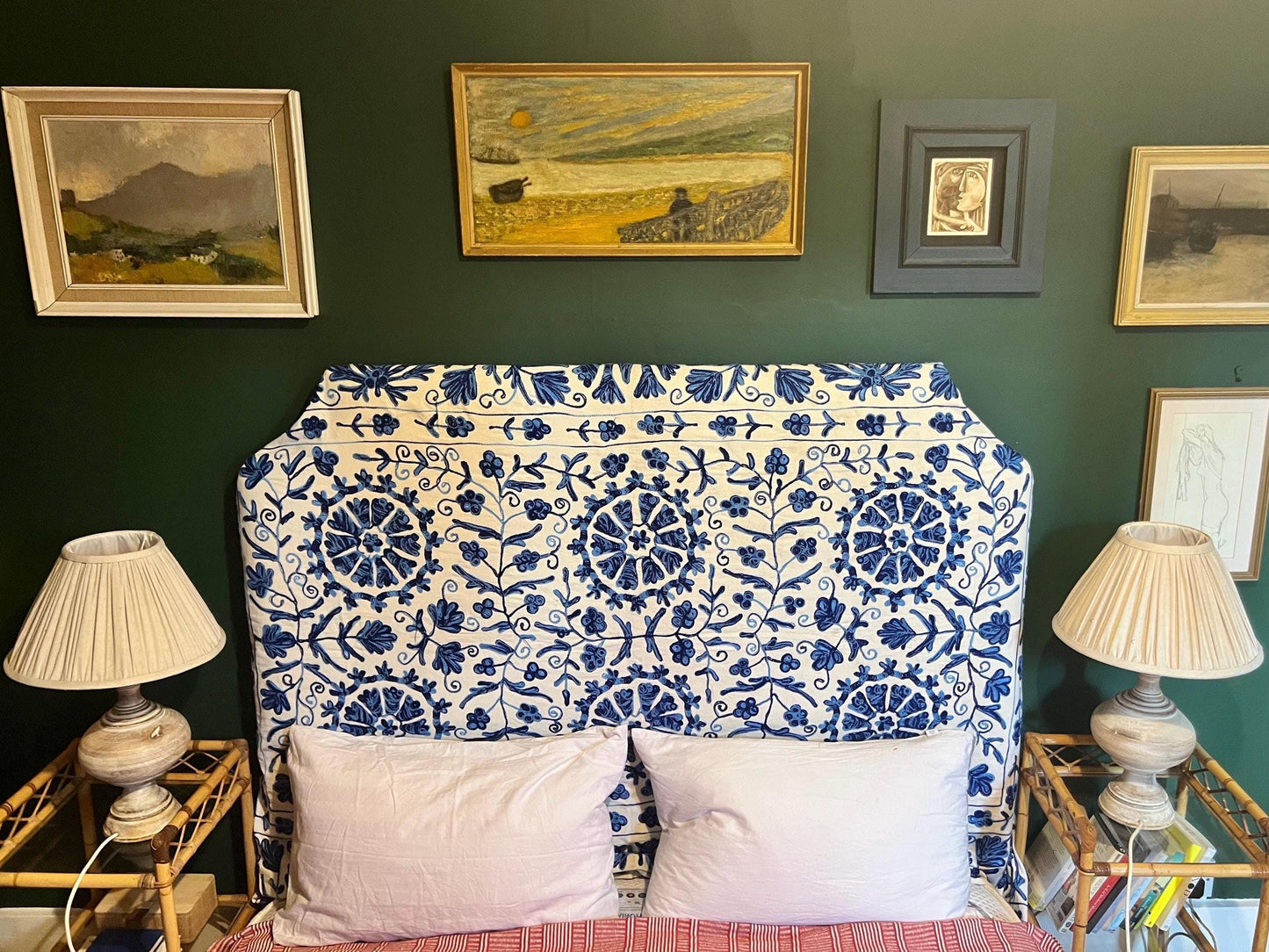 Bespoke hand-embroidered cotton Suzani upholstered headboard in a range of sizes, shapes and colours