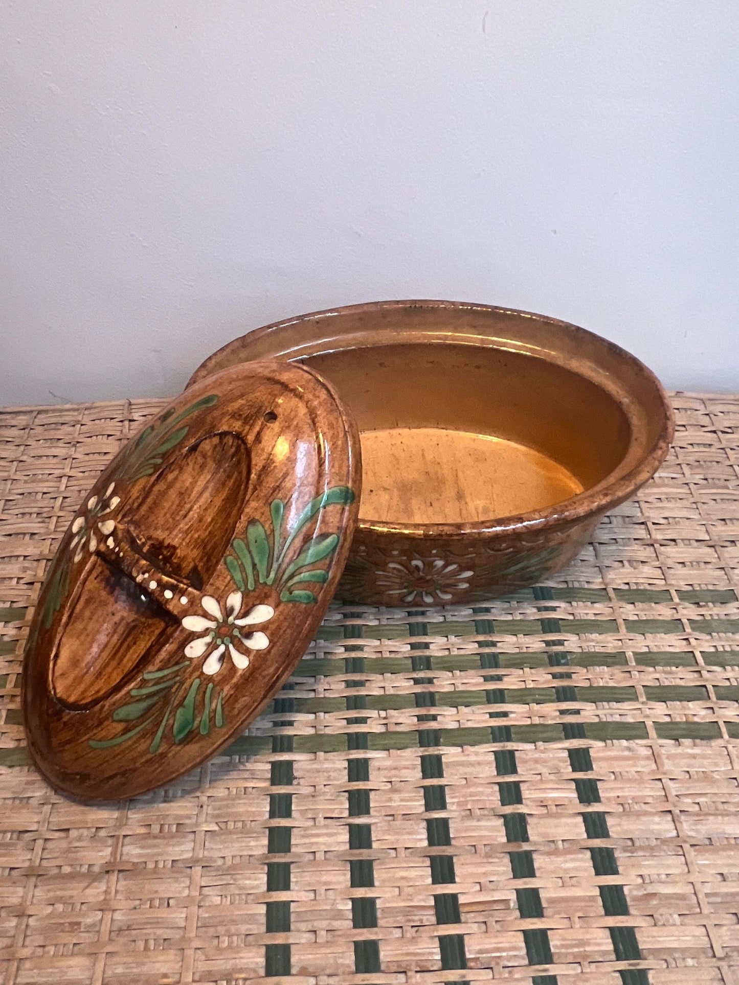 Vintage hand painted glazed casserole pot from South of France