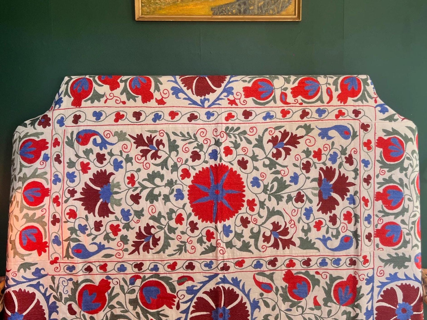 Bespoke luxury silk-embroidered Suzani upholstered headboard made to order