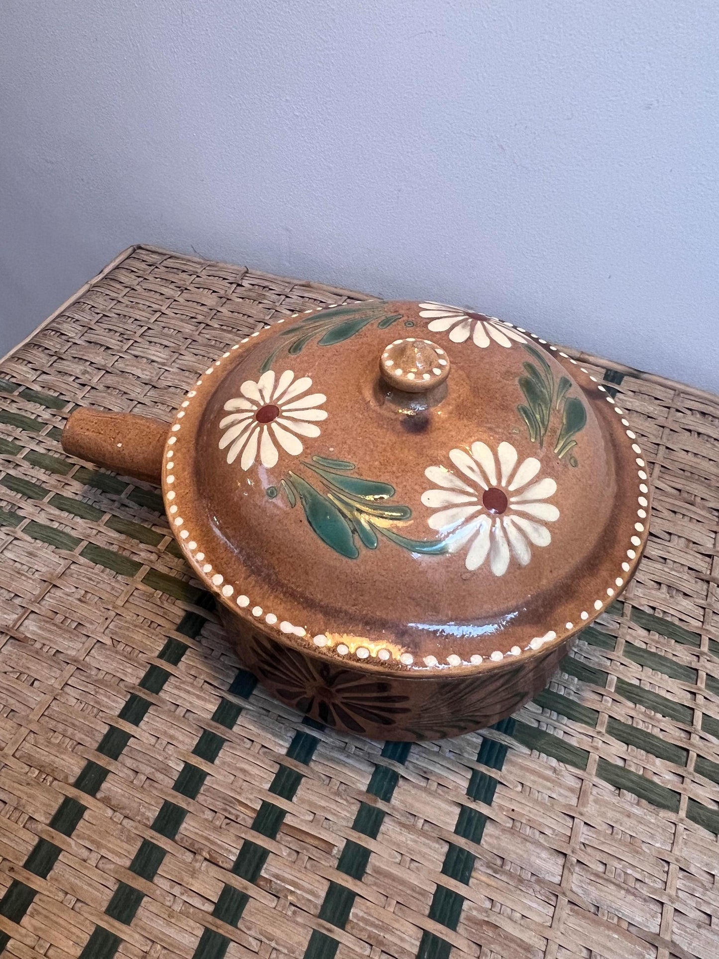 Charming vintage hand painted glazed casserole pot originating from South of France