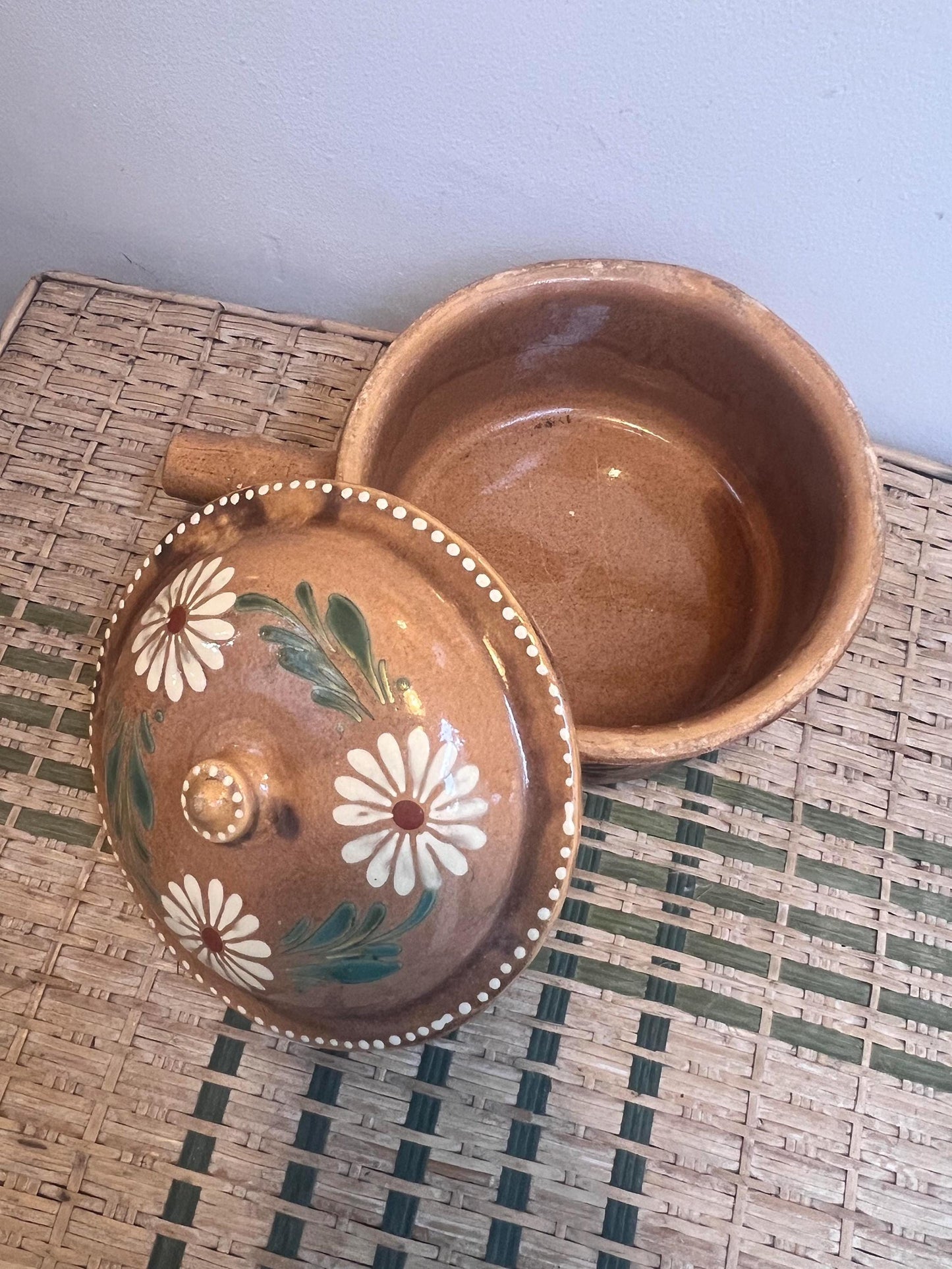 Charming vintage hand painted glazed casserole pot originating from South of France