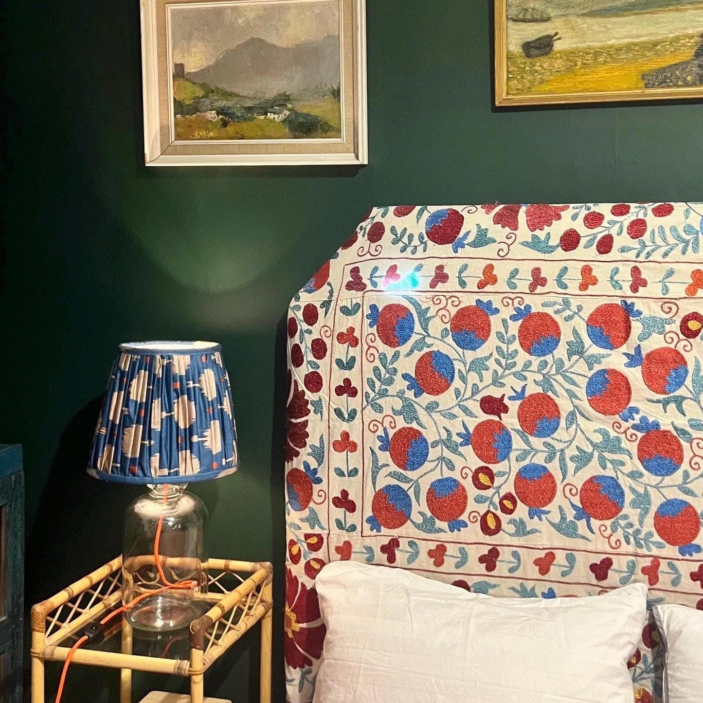 Bespoke luxury silk-embroidered Suzani upholstered headboard made to order