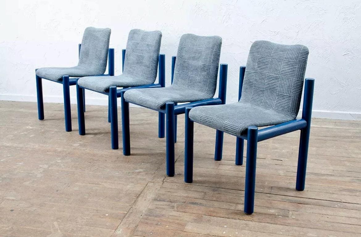 A rare set of four Brutalist Habitat style blue dining chairs reupholstered in your choice of Colours Of Arley Hackney striped velvet