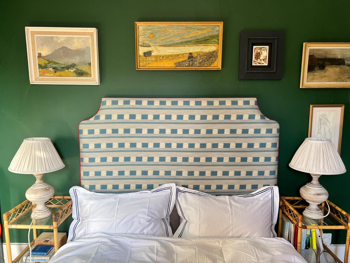 Bespoke Christopher Farr Cloth Lost and Found upholstered floor-standing headboard with piping in a range of shapes and colours