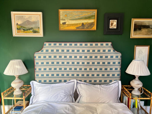 Bespoke Christopher Farr Cloth Lost and Found upholstered floor-standing headboard with piping in a range of shapes and colours