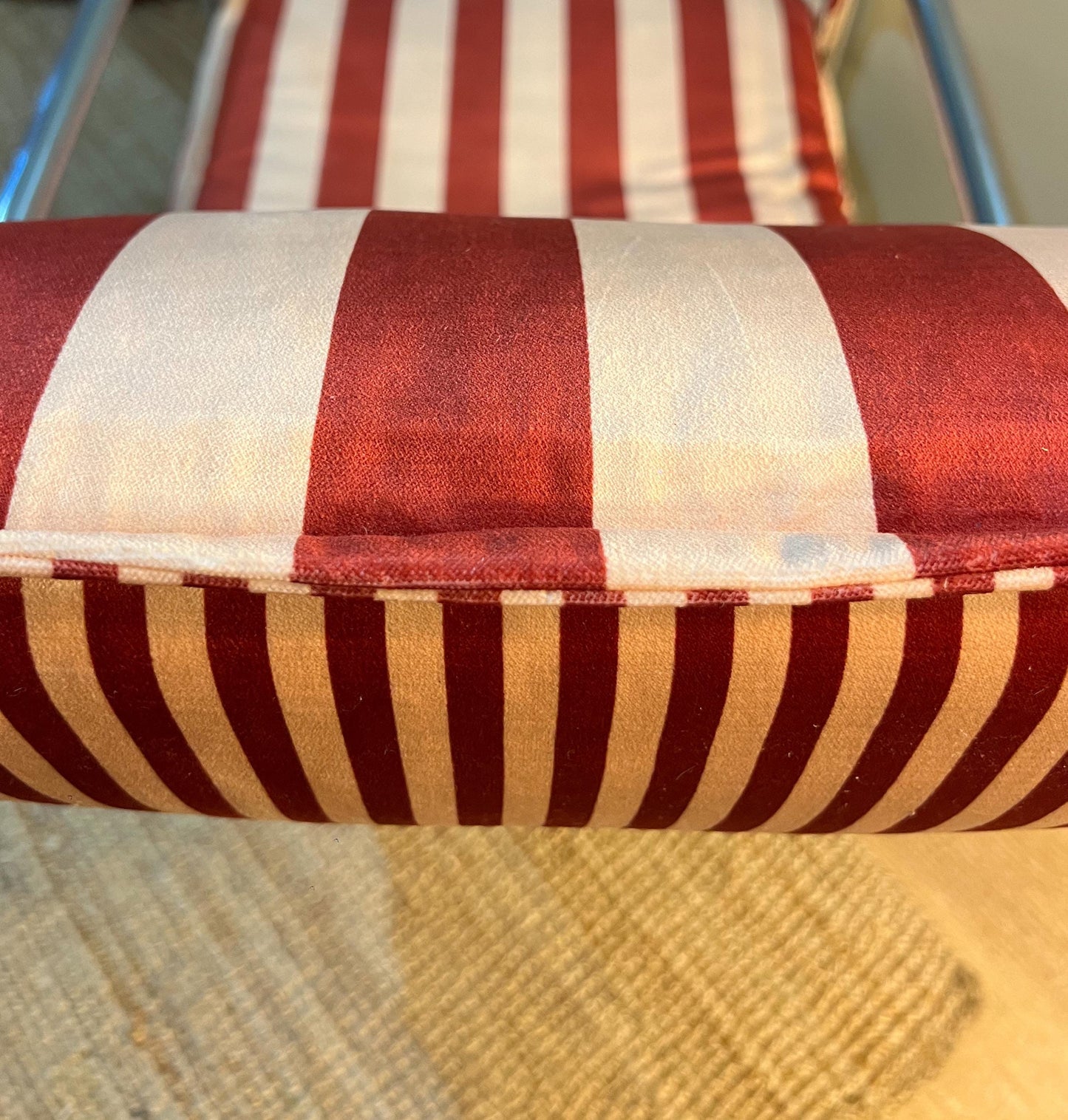 Vintage c1970s chrome armchair newly reupholstered in Colours Of Arly Striped velvet in maroon and Alderley Edge