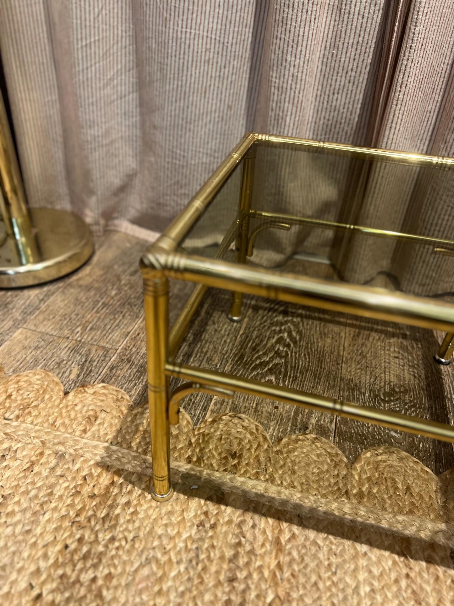 Hollywood Regency style faux bamboo brass side table with smoky glass top